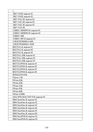 1.
ЭКР 3102К версия 01
ЭКР 3102К версия 02
ЭКР 3102.2К версия 01
ЭКР 3102.2К версия 02
ЭКР 3102.3К версия 01
ЭКР 3110.3К
ЭЛВЕС-МИКРО-К версия 01
ЭЛВЕС-МИКРО-К версия 02
ЭЛВЕС-МК
ЭЛВЕС-ФР-К версия 01
ЭЛЕКТРОНИКА-04К
ЭЛЕКТРОНИКА 505К
BEETLE-K версия 01
BEETLE-K версия 02
BEETLE-K версия 03
BEETLE-20K версия 01
BEETLE-20K версия 02
BEETLE-20K версия 03
BEETLEPOS-K версия 01
BEETLEPOS-K версия 02
BEETLEPOS-K версия 03
BEETLEPOS-K версия 04
BIXOLON-01K
Flaton-11K
FPrint-02K
FPrint-03K
FPrint-22K
FPrint-55K
FPrint-88K
FPrint-5200K
GEG POS МАСТЕР 01К версия 01
IBM SureOne-K версия 01
IBM SureOne-K версия 02
IBM SureOne-K версия 03
IBM SureOne-K версия 04
IBM SureOne-K версия 05
IBM SureOne-K версия 06
IBM SurePOS-K версия 01
IBM SurePOS-K версия 02


                           179
 