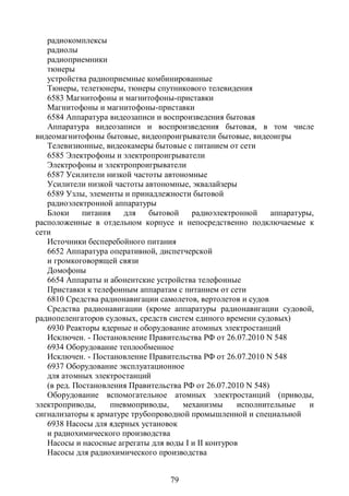 радиокомплексы
   радиолы
   радиоприемники
   тюнеры
   устройства радиоприемные комбинированные
   Тюнеры, телетюнеры, тюнеры спутникового телевидения
   6583 Магнитофоны и магнитофоны-приставки
   Магнитофоны и магнитофоны-приставки
   6584 Аппаратура видеозаписи и воспроизведения бытовая
   Аппаратура видеозаписи и воспроизведения бытовая, в том числе
видеомагнитофоны бытовые, видеопроигрыватели бытовые, видеоигры
   Телевизионные, видеокамеры бытовые с питанием от сети
   6585 Электрофоны и электропроигрыватели
   Электрофоны и электропроигрыватели
   6587 Усилители низкой частоты автономные
   Усилители низкой частоты автономные, эквалайзеры
   6589 Узлы, элементы и принадлежности бытовой
   радиоэлектронной аппаратуры
   Блоки     питания   для   бытовой     радиоэлектронной      аппаратуры,
расположенные в отдельном корпусе и непосредственно подключаемые к
сети
   Источники бесперебойного питания
   6652 Аппаратура оперативной, диспетчерской
   и громкоговорящей связи
   Домофоны
   6654 Аппараты и абонентские устройства телефонные
   Приставки к телефонным аппаратам с питанием от сети
   6810 Средства радионавигации самолетов, вертолетов и судов
   Средства радионавигации (кроме аппаратуры радионавигации судовой,
радиопеленгаторов судовых, средств систем единого времени судовых)
   6930 Реакторы ядерные и оборудование атомных электростанций
   Исключен. - Постановление Правительства РФ от 26.07.2010 N 548
   6934 Оборудование теплообменное
   Исключен. - Постановление Правительства РФ от 26.07.2010 N 548
   6937 Оборудование эксплуатационное
   для атомных электростанций
   (в ред. Постановления Правительства РФ от 26.07.2010 N 548)
   Оборудование вспомогательное атомных электростанций (приводы,
электроприводы,     пневмоприводы,     механизмы      исполнительные     и
сигнализаторы к арматуре трубопроводной промышленной и специальной
   6938 Насосы для ядерных установок
   и радиохимического производства
   Насосы и насосные агрегаты для воды I и II контуров
   Насосы для радиохимического производства


                                   79
 