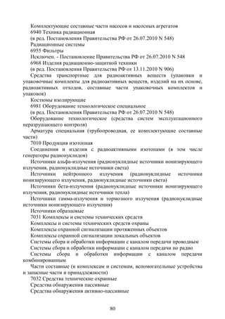 Комплектующие составные части насосов и насосных агрегатов
    6940 Техника радиационная
    (в ред. Постановления Правительства РФ от 26.07.2010 N 548)
    Радиационные системы
    6955 Фильтры
    Исключен. - Постановление Правительства РФ от 26.07.2010 N 548
    6968 Изделия радиационно-защитной техники
    (в ред. Постановления Правительства РФ от 13.11.2010 N 906)
    Средства транспортные для радиоактивных веществ (упаковки и
упаковочные комплекты для радиоактивных веществ, изделий на их основе,
радиоактивных отходов, составные части упаковочных комплектов и
упаковок)
    Костюмы изолирующие
    6981 Оборудование технологическое специальное
    (в ред. Постановления Правительства РФ от 26.07.2010 N 548)
    Оборудование технологическое (средства систем эксплуатационного
неразрушающего контроля)
    Арматура специальная (трубопроводная, ее комплектующие составные
части)
    7010 Продукция изотопная
    Соединения и изделия с радиоактивными изотопами (в том числе
генераторы радионуклидов)
    Источники альфа-излучения (радионуклидные источники ионизирующего
излучения, радионуклидные источники света)
    Источники нейтронного излучения (радионуклидные источники
ионизирующего излучения, радионуклидные источники света)
    Источники бета-излучения (радионуклидные источники ионизирующего
излучения, радионуклидные источники тепла)
    Источники гамма-излучения и тормозного излучения (радионуклидные
источники ионизирующего излучения)
    Источники образцовые
    7031 Комплексы и системы технических средств
    Комплексы и системы технических средств охраны
    Комплексы охранной сигнализации протяженных объектов
    Комплексы охранной сигнализации локальных объектов
    Системы сбора и обработки информации с каналом передачи проводным
    Системы сбора и обработки информации с каналом передачи по радио
    Системы сбора и обработки информации с каналом передачи
комбинированным
    Части составные (к комплексам и системам, вспомогательные устройства
и запасные части и принадлежности)
    7032 Средства технические охранные
    Средства обнаружения пассивные
    Средства обнаружения активно-пассивные


                                  80
 