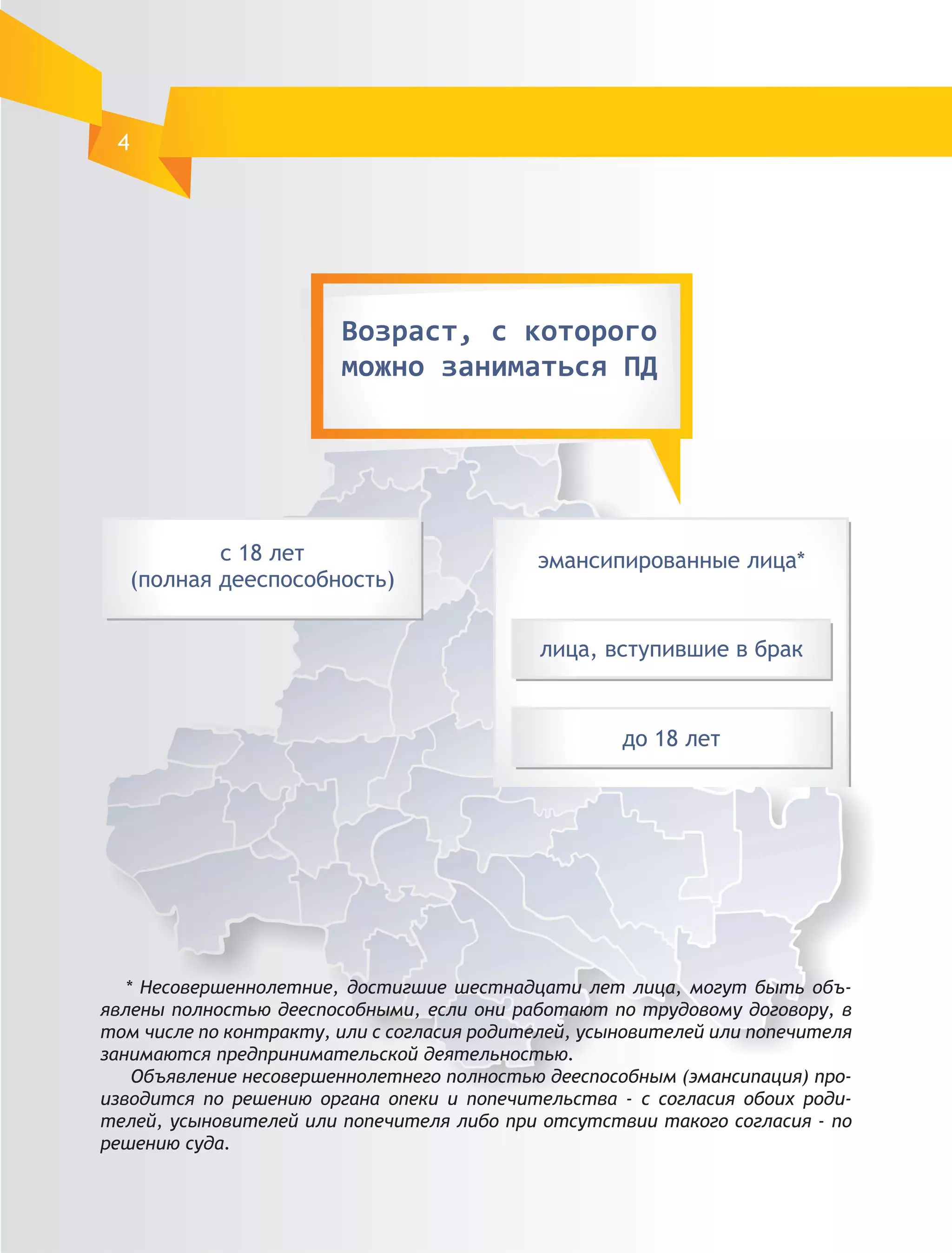 4




   * Несовершеннолетние, достигшие шестнадцати лет лица, могут быть объ-
явлены полностью дееспособными, если они работают по трудовому договору, в
том числе по контракту, или с согласия родителей, усыновителей или попечителя
занимаются предпринимательской деятельностью.
    Объявление несовершеннолетнего полностью дееспособным (эмансипация) про-
изводится по решению органа опеки и попечительства - с согласия обоих роди-
телей, усыновителей или попечителя либо при отсутствии такого согласия - по
решению суда.
 