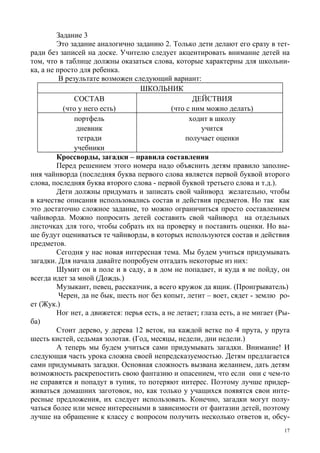 17
Задание 3
Это задание аналогично заданию 2. Только дети делают его сразу в тет-
ради без записей на доске. Учителю следует акцентировать внимание детей на
том, что в таблице должны оказаться слова, которые характерны для школьни-
ка, а не просто для ребенка.
В результате возможен следующий вариант:
ШКОЛЬНИК
СОСТАВ
(что у него есть)
ДЕЙСТВИЯ
(что с ним можно делать)
портфель
дневник
тетради
учебники
ходит в школу
учится
получает оценки
Кроссворды, загадки – правила составления
Перед решением этого номера надо объяснить детям правило заполне-
ния чайнворда (последняя буква первого слова является первой буквой второго
слова, последняя буква второго слова - первой буквой третьего слова и т.д.).
Дети должны придумать и записать свой чайнворд желательно, чтобы
в качестве описания использовались состав и действия предметов. Но так как
это достаточно сложное задание, то можно ограничиться просто составлением
чайнворда. Можно попросить детей составить свой чайнворд на отдельных
листочках для того, чтобы собрать их на проверку и поставить оценки. Но вы-
ше будут оцениваться те чайнворды, в которых используются состав и действия
предметов.
Сегодня у нас новая интересная тема. Мы будем учиться придумывать
загадки. Для начала давайте попробуем отгадать некоторые из них:
Шумит он в поле и в саду, а в дом не попадает, и куда я не пойду, он
всегда идет за мной (Дождь.)
Музыкант, певец, рассказчик, а всего кружок да ящик. (Проигрыватель)
Черен, да не бык, шесть ног без копыт, летит – воет, сядет - землю ро-
ет (Жук.)
Ног нет, а движется: перья есть, а не летает; глаза есть, а не мигает (Ры-
ба)
Стоит дерево, у дерева 12 веток, на каждой ветке по 4 прута, у прута
шесть кистей, седьмая золотая. (Год, месяцы, недели, дни недели.)
А теперь мы будем учиться сами придумывать загадки. Внимание! И
следующая часть урока сложна своей непредсказуемостью. Детям предлагается
сами придумывать загадки. Основная сложность вызвана желанием, дать детям
возможность раскрепостить свою фантазию и опасением, что если они с чем-то
не справятся и попадут в тупик, то потеряют интерес. Поэтому лучше придер-
живаться домашних заготовок, но, как только у учащихся появятся свои инте-
ресные предложения, их следует использовать. Конечно, загадки могут полу-
чаться более или менее интересными в зависимости от фантазии детей, поэтому
лучше на обращение к классу с вопросом получить несколько ответов и, обсу-
 