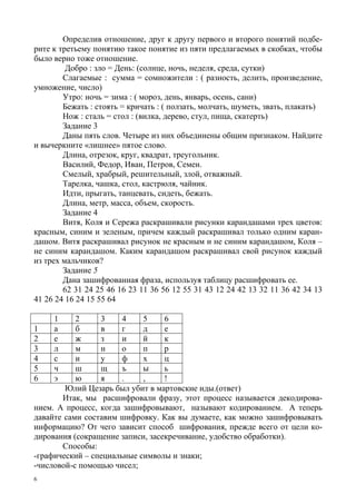 6
Определив отношение, друг к другу первого и второго понятий подбе-
рите к третьему понятию такое понятие из пяти предлагаемых в скобках, чтобы
было верно тоже отношение.
Добро : зло = День: (солнце, ночь, неделя, среда, сутки)
Слагаемые : сумма = сомножители : ( разность, делить, произведение,
умножение, число)
Утро: ночь = зима : ( мороз, день, январь, осень, сани)
Бежать : стоять = кричать : ( ползать, молчать, шуметь, звать, плакать)
Нож : сталь = стол : (вилка, дерево, стул, пища, скатерть)
Задание 3
Даны пять слов. Четыре из них объединены общим признаком. Найдите
и вычеркните «лишнее» пятое слово.
Длина, отрезок, круг, квадрат, треугольник.
Василий, Федор, Иван, Петров, Семен.
Смелый, храбрый, решительный, злой, отважный.
Тарелка, чашка, стол, кастрюля, чайник.
Идти, прыгать, танцевать, сидеть, бежать.
Длина, метр, масса, объем, скорость.
Задание 4
Витя, Коля и Сережа раскрашивали рисунки карандашами трех цветов:
красным, синим и зеленым, причем каждый раскрашивал только одним каран-
дашом. Витя раскрашивал рисунок не красным и не синим карандашом, Коля –
не синим карандашом. Каким карандашом раскрашивал свой рисунок каждый
из трех мальчиков?
Задание 5
Дана зашифрованная фраза, используя таблицу расшифровать ее.
62 31 24 25 46 16 23 11 36 56 12 55 31 43 12 24 42 13 32 11 36 42 34 13
41 26 24 16 24 15 55 64
1 2 3 4 5 6
1 а б в г д е
2 е ж з и й к
3 л м н о п р
4 с и у ф х ц
5 ч ш щ ъ ы ь
6 э ю я . , !
Юлий Цезарь был убит в мартовские иды.(ответ)
Итак, мы расшифровали фразу, этот процесс называется декодирова-
нием. А процесс, когда зашифровывают, называют кодированием. А теперь
давайте сами составим шифровку. Как вы думаете, как можно зашифровывать
информацию? От чего зависит способ шифрования, прежде всего от цели ко-
дирования (сокращение записи, засекречивание, удобство обработки).
Способы:
-графический – специальные символы и знаки;
-числовой-с помощью чисел;
 