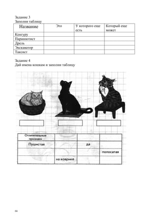 66
Задание 3
Заполни таблицу
Название Это У которого еще
есть
Который еще
может
Кенгуру
Парашютист
Дрель
Экскаватор
Таксист
Задание 4
Дай имена кошкам и заполни таблицу
 