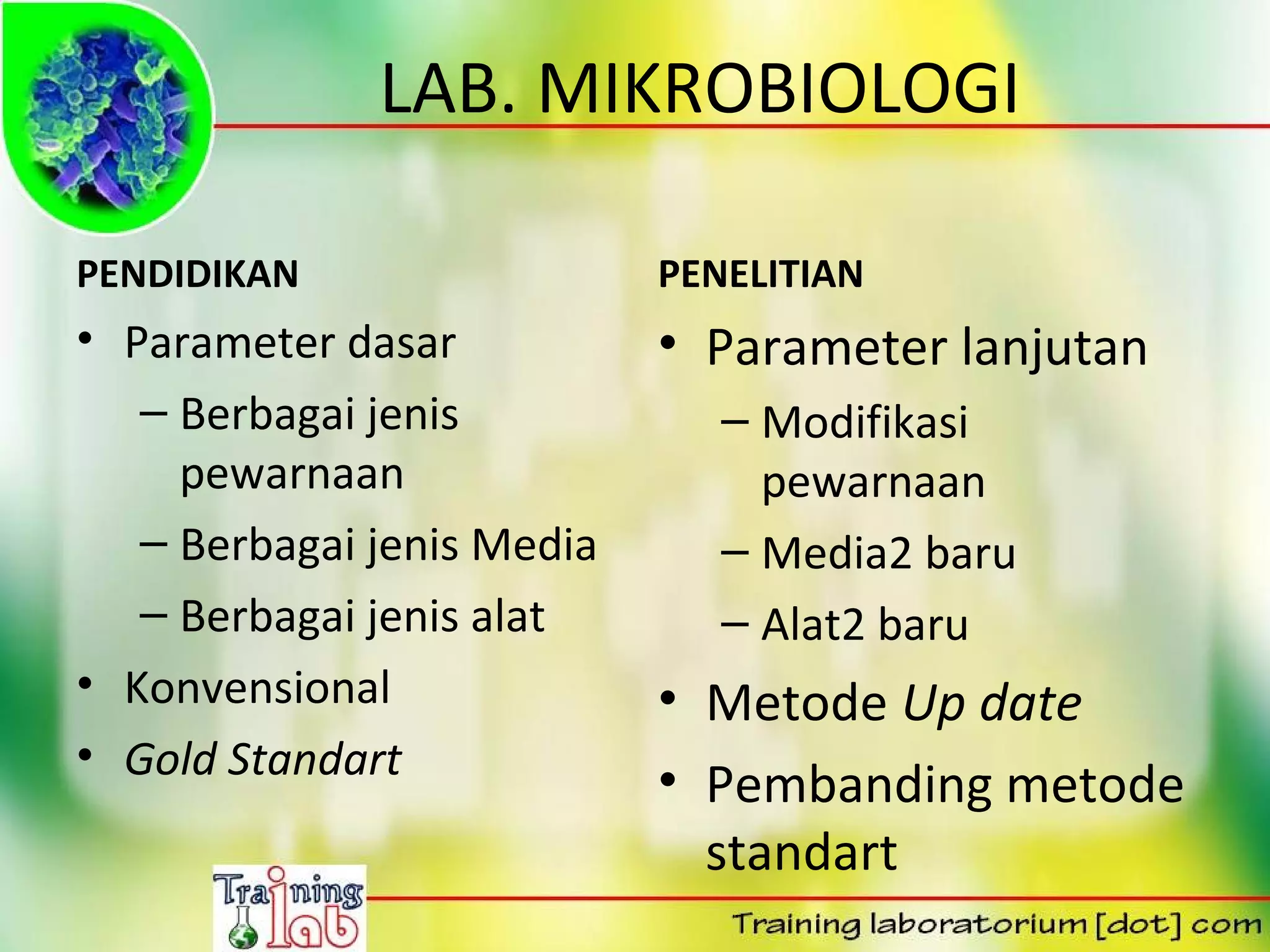 LAB. MIKROBIOLOGI

PENDIDIKAN                  PENELITIAN
• Parameter dasar           • Parameter lanjutan
   – Berbagai jenis            – Modifikasi
     pewarnaan                   pewarnaan
   – Berbagai jenis Media      – Media2 baru
   – Berbagai jenis alat       – Alat2 baru
• Konvensional              • Metode Up date
• Gold Standart
                            • Pembanding metode
                              standart
 