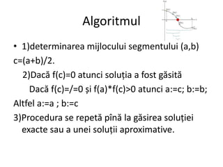 Algoritmul 
• 1)determinarea mijlocului segmentului (a,b) 
c=(a+b)/2. 
2)Dacă f(c)=0 atunci soluția a fost găsită 
Dacă f(c)=/=0 și f(a)*f(c)>0 atunci a:=c; b:=b; 
Altfel a:=a ; b:=c 
3)Procedura se repetă pînă la găsirea soluției 
exacte sau a unei soluții aproximative. 
 