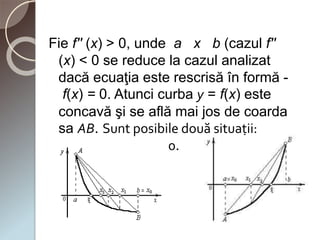 Fie f'' (x) > 0, unde a х b (cazul f'' 
(x) < 0 se reduce la cazul analizat 
dacă ecuaţia este rescrisă în formă - 
f(x) = 0. Atunci curba у = f(x) este 
concavă şi se află mai jos de coarda 
sa АВ. Sunt posibile două situaţii: 
f(а) > 0 şi 2) f(a) < 0. 
 