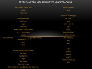 PROBLEMA REZOLVATA PRIN METODA BACKTRACKING
var x:array[1..100] of byte;
n:byte;
nrsol:word;
procedure scriesol;
var i,j:byte;
begin
inc(nrsol);
writeln('Solutia a',nrsol,'este');
for i:=1 to n do begin
writeln;
for j:=1 to n do if x[j]=i then write('X',' ')
else write('O',' ');
end;
end;
function potcont(k:byte):boolean;
var i:byte;
atac:boolean;
begin
atac:=false;
for i:=1 to k-1 do
if(x[i]=x[k]) or (k-i=abs(x[k]-x[i])) then atac:=true;
potcont:=not atac;
end;
procedure back(k:byte);
var i:byte;
begin
for i:=1 to n do
begin
x[k]:=i;
if potcont(k) then
if k=n then scriesol
else back(k+1);
end;
end;
begin
read(n);
nrsol:=0;
back(1);
writeln(nrsol,'solutii');
end.
 