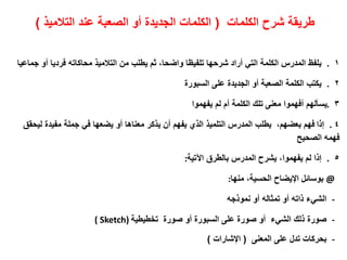 ‫الكلمات‬ ‫شرح‬ ‫طريقة‬
(
‫التالميذ‬ ‫عند‬ ‫الصعبة‬ ‫أو‬ ‫الجديدة‬ ‫الكلمات‬
)
١
.
‫يلفظ‬
‫ج‬ ‫أو‬ ‫فرديا‬ ‫محاكاته‬ ‫التالميذ‬ ‫من‬ ‫يطلب‬ ‫ثم‬ ،‫واضحا‬ ‫تلفيظا‬ ‫شرحها‬ ‫أراد‬ ‫التي‬ ‫الكلمة‬ ‫المدرس‬
‫ماعيا‬
٢
.
‫يكتب‬
‫السبورة‬ ‫على‬ ‫الجديدة‬ ‫أو‬ ‫الصعبة‬ ‫الكلمة‬
٣
.
‫يفهموا‬ ‫لم‬ ‫أم‬ ‫الكلمة‬ ‫تلك‬ ‫معنى‬ ‫أفهموا‬ ‫يسألهم‬
٤
.
‫إذا‬
‫لي‬ ‫مفيدة‬ ‫جملة‬ ‫في‬ ‫يضعها‬ ‫أو‬ ‫معناها‬ ‫يذكر‬ ‫أن‬ ‫يفهم‬ ‫الذي‬ ‫التلميذ‬ ‫المدرس‬ ‫يطلب‬ ،‫بعضهم‬ ‫فهم‬
‫حقق‬
‫الصحيح‬ ‫فهمه‬
٥
.
‫إذا‬
‫اآلتية‬ ‫بالطرق‬ ‫المدرس‬ ‫يشرح‬ ،‫يفهموا‬ ‫لم‬
:
@
‫بوسائل‬
‫منها‬ ،‫الحسية‬ ‫اإليضاح‬
:
-
‫الشيء‬
‫نموذجه‬ ‫أو‬ ‫تمثاله‬ ‫أو‬ ‫ذاته‬
-
‫صورة‬
‫تخطيطية‬ ‫صورة‬ ‫أو‬ ‫السبورة‬ ‫على‬ ‫صورة‬ ‫أو‬ ‫الشيء‬ ‫ذلك‬
( Sketch)
-
‫بحركات‬
‫المعنى‬ ‫على‬ ‫تدل‬
(
‫اإلشارات‬
)
 