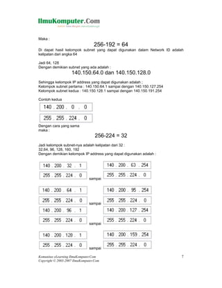 Maka :
                                  256-192 = 64
Di dapat hasil kelompok subnet yang dapat digunakan dalam Network ID adalah
kelipatan dari angka 64

Jadi 64, 128
Dengan demikian subnet yang ada adalah :
                    140.150.64.0 dan 140.150.128.0
Sehingga kelompok IP address yang dapat digunakan adalah ;
Kelompok subnet pertama : 140.150.64.1 sampai dengan 140.150.127.254
Kelompok subnet kedua : 140.150.128.1 sampai dengan 140.150.191.254

Contoh kedua




Dengan cara yang sama
maka :
                                   256-224 = 32
Jadi kelompok subnet-nya adalah kelipatan dari 32 :
32,64, 96, 128, 160, 192
Dengan demikian kelompok IP address yang dapat digunakan adalah :




                               sampai




                               sampai




                               sampai




                               sampai

Komunitas eLearning IlmuKomputer.Com                                      7
Copyright © 2003-2007 IlmuKomputer.Com
 