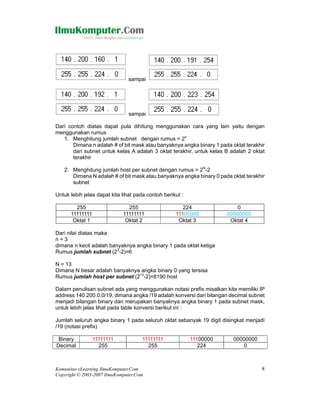 sampai




                                sampai

Dari contoh diatas dapat pula dihitung menggunakan cara yang lain yaitu dengan
menggunakan rumus
   1. Menghitung jumlah subnet dengan rumus = 2n
       Dimana n adalah # of bit mask atau banyaknya angka binary 1 pada oktat terakhir
       dari subnet untuk kelas A adalah 3 oktat terakhir, untuk kelas B adalah 2 oktat
       terakhir

   2. Menghitung jumlah host per subnet dengan rumus = 2N-2
      Dimana N adalah # of bit mask atau banyaknya angka binary 0 pada oktat terakhir
      subnet

Untuk lebih jelas dapat kita lihat pada contoh berikut :

        255                    255                     224               0
      11111111               11111111               11100000          00000000
       Oktat 1                Oktat 2                Oktat 3           Oktat 4

Dari nilai diatas maka
n=3
dimana n kecil adalah banyaknya angka binary 1 pada oktat ketiga
Rumus jumlah subnet (23-2)=6

N = 13
Dimana N besar adalah banyaknya angka binary 0 yang tersisa
Rumus jumlah host per subnet (213-2)=8190 host

Dalam penulisan subnet ada yang menggunakan notasi prefix misalkan kita memiliki IP
address 140.200.0.0/19, dimana angka /19 adalah konversi dari bilangan decimal subnet
menjadi bilangan binary dan merupakan banyaknya angka binary 1 pada subnet mask,
untuk lebih jelas lihat pada table konversi berikut ini :

Jumlah seluruh angka binary 1 pada seluruh oktat sebanyak 19 digit disingkat menjadi
/19 (notasi prefix)

 Binary          11111111            11111111              11100000      00000000
Decimal            255                 255                    224            0



Komunitas eLearning IlmuKomputer.Com                                                8
Copyright © 2003-2007 IlmuKomputer.Com
 
