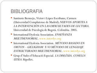 BIBLIOGRAFIA Santiuste Bermejo, Víctor i Lòpez Escribano, Carmen (Universidad Complutense de Madrid). NUEVOS APORTES A LA INTERVENCIÓN EN LAS DIFICULTADES DE LECTURA . Universidad de Psicología de Bogotá. Colómbia. 2005. International Dyslexia Association.  ENSEÑANZA MULTISENSORIAL .  www.interdys.org International Dyslexia Association.  MÉTODO BASADO EN ORTON – GILLIGHAM  Y/O MÉTODO DE LENGUAJE ESTRUCTURADO MULTISENSORIAL .  www.interdys.org Grup d’Aules d’Educació Especial.  LA DISLÈXIA. COSELLS ÚTILS . Ripollet. 