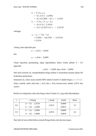 Buku Ajar : METODE NUMERIK

108

k1 = h f ( x0 , y0 )
= 0,1 f ( 0,1 ; 2, 2050)
= 0,1 f (2, 2050 - 0,1 ) = 0, 2105
k2 = h f ( x0 + h , y0 + k1 )
= 0,1 f ( 0, 2 , 2, 4155)
= 0,1 f (2, 4155 - 0, 2 )

= 0, 22155

sehingga
y2 = y0 + ½( k1 + k2 )
= 2, 2050 + ½(0, 2105 + 0, 22155)
= 2, 4210
Analog, akan diperoleh pula
y3 = y (0,3) = 2,6492
dan
y4 = y (0,4) = 2,8909.
Untuk keperluan pembanding, dapat diperlihatkan bahwa ketika pilihan h = 0,2
diperoleh
y (0,2) = 2,4200 dan y (0,4) = 2,8880.
Dari hasil nemerik ini, memperlihatkan betapa pilihan h memainkan peranan dalam hal
keakuratan aproksimasi.
Sementara itu, solusi secara analitik MNA dalam Contoh 6.5 adalah fungsi y = x + 1 + e x .
Solusi analitik untuk nilai-nilai y (0,2) dan y (0,4) berturut-turut adalah 2,4214 dan
2,8918.
Berikut ini rekapitulasi nilai-nilai fungsi solusi Contoh 6.5. yang telah dikemukakan.
x
0,2
0.3

y hitung
h = 0,1 : 2,4210
h = 0,2 : 2,4200
h = 0,1 : 2,8909
h = 0,2 : 2,8880

y eksak
2,4214
2,4918

selisih

Rasio

0,0004

3,5

0,0014
0,0009

4,2

0,0038

Dari tabel di atas terlihat bahwa metode Runge-Kutta orde dua konvergen.

JURUSAN MATEMATIKA FMIPA UNILA

Created by Jack 2006

 