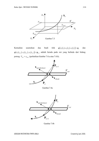Buku Ajar : METODE NUMERIK

114

x3

xt
V cut

x3cut

x2 cut

x2
x1cut

x1

Kemudian

Gambar.7.3

asumsikan

dua

buah

p ( x1 ( tn ) , x2 ( tn ) , x3 ( tn ) ) = pn

titik

dan

p ( x1 ( tn+1 ) , x2 ( tn+1 ) , x3 ( tn+1 ) ) = pn+1 adalah berada pada sisi yang berbeda dari bidang

potong Vcut = x3cut (perhatikan Gambar 7.4.a atau 7.4.b).

Pn +1

x aproksimasi

Vcut
x eksak

xt

Pn
Gambar.7.4a

x aproksimasi

Pn
Vcut
x eksak

xt

Pn +1
Gambar 7.4b

JURUSAN MATEMATIKA FMIPA UNILA

Created by Jack 2006

 