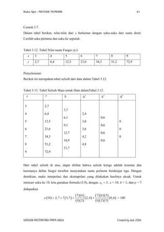 Buku Ajar : METODE NUMERIK

41

Contoh 3.7.
Dalam tabel berikut, nilai-nilai dari y berkaitan dengan suku-suku dari suatu deret.
Carilah suku pertama dan suku ke sepuluh.
Tabel 3.12. Tabel Nilai suatu Fungsi y(x)
x

3

4

5

6

7

8

9

y

2,7

6,4

12,5

21,6

34,3

51,2

72,9

Penyelesaian:
Berikut ini merupakan tabel selisih dari data dalam Tabel 3.12.
Tabel 3.13. Tabel Selisih Maju untuk Data dalamTabel 3.12.
x
3

y

∆

∆2

∆3

∆4

2,7
3,7

4

2,4

6,4

0,6

6,1
5

0,6

9,1
6

34,3

8

51,2

9

0

3,6

21,6

7

0

3,0

12,5

72,9

0,6

12,7

0

4,2
0,6

16,9
4,8
21,7

Dari tabel selisih di atas, dapat dilihat bahwa selisih ketiga adalah konstan dan
karenanya daftar fungsi tersebut menyatakan suatu polinom berderajat tiga. Dengan
demikian, maka interpolasi dan ekstrapolasi yang dilakukan hasilnya eksak. Untuk
mencari suku ke 10, kita gunakan formula (3.9), dengan x0 = 3 , x = 10, h = 1, dan p = 7
didapatkan
y (10 ) = 2, 7 + 7 ( 3, 7 ) =

JURUSAN MATEMATIKA FMIPA UNILA

( 7 )( 6 )
( 7 )( 6 )( 5)
( 2, 4 ) +
( 0, 6 )
(1)( 2 )
(1)( 2 )( 3)

= 100

Created by Jack 2006

 
