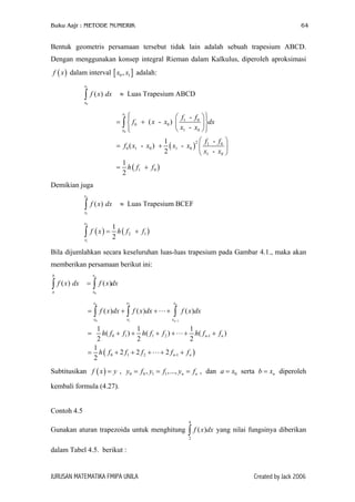 Buku Aajr : METODE NUMERIK

64

Bentuk geometris persamaan tersebut tidak lain adalah sebuah trapesium ABCD.
Dengan menggunakan konsep integral Rieman dalam Kalkulus, diperoleh aproksimasi
f ( x ) dalam interval [ x0 , x1 ] adalah:
x1

∫ f ( x) dx

≈ Luas Trapesium ABCD

x0

x1

 f - f0  


= ∫  f 0 + ( x - x0 )  1
 dx
 x1 - x0  
x0 



= f 0 ( x1 - x0 ) +
=

1
2 f - f 
( x1 - x0 )  1 0 
2
 x1 - x0 

1
h ( f1 + f 0 )
2

Demikian juga
xn

∫ f ( x) dx

≈ Luas Trapesium BCEF

x1

x2

1

∫ f ( x) = 2 h ( f

2

+ f1 )

x1

Bila dijumlahkan secara keseluruhan luas-luas trapesium pada Gambar 4.1., maka akan
memberikan persamaan berikut ini:
b

∫

f ( x ) dx

=

a

xn

∫ f ( x )dx

x0

x2

x0

=

xn

x1

∫ f ( x)dx + ∫ f ( x)dx +

+

xn

∫

f ( x )dx

xn −1

1
1
1
h( f 0 + f1 ) + h( f1 + f 2 ) + + h( f n-1 + f n )
2
2
2
1
= h ( f 0 + 2 f1 + 2 f 2 + + 2 f n-1 + f n )
2
=

Subtitusikan f ( x ) = y , y0 = f 0 , y1 = f1 ,..., yn = f n , dan a = x0 serta b = xn diperoleh
kembali formula (4.27).
Contoh 4.5
4

Gunakan aturan trapezoida untuk menghitung

∫ f ( x)dx yang nilai fungsinya diberikan
2

dalam Tabel 4.5. berikut :

JURUSAN MATEMATIKA FMIPA UNILA

Created by Jack 2006

 