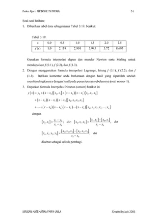 Buku Ajar : METODE NUMERIK 51
Soal-soal latihan:
1. Diberikan tabel data sebagaimana Tabel 3.19. berikut:
Tabel 3.19.
x 0.0 0.5 1.0 1.5 2.0 2.5
f (x) 1.0 2.119 2.910 3.945 5.72 8.695
Gunakan formula interpolasi depan dan mundur Newton serta Stirling untuk
mendapatkan f (0.1), f (2.2), dan f (1.3).
2. Dengan menggunakan formula interpolasi Lagrange, hitung f (0.1), f (2.2), dan f
(1.3). Berikan komentar anda berkenaan dengan hasil yang diperoleh setelah
membandingkannya dengan hasil pada penyelesaian sebelumnya (soal nomor 1).
3. Dapatkan formula Interpolasi Newton (umum) berikut ini
( ) ( )[ ] ( )( )[ ]0 0 0 1 0 1 0 1 2, ,y x y x x x x x x x x x x x= + − + − − ,
3+ −( )( )( )[ ]0 1 2 0 1 2, , ,x x x x x x x x x x− −
+ + ( )( )( ) ( )[ ]0 1 2 0 1 2 3, , , , ,n nx x x x x x x x x x x x x− − − −
dengan
[ ] [ ]
[ ] [ ]1 2 0 11 0
0 1 0 1 2
1 0 2 0
, ,
, ; ; , , ,
x x x xy y
x x dst x x x dst
x x x x
−−
= =
− −
[ ]
[ ] [ ]1 2 3 0 1 2
0 1 2 3
3 0
, , , ,
, , , ;
x x x x x x
x x x x dst
x x
−
=
−
disebut sebagai selisih pembagi.
JURUSAN MATEMATIKA FMIPA UNILA Created by Jack 2006
 