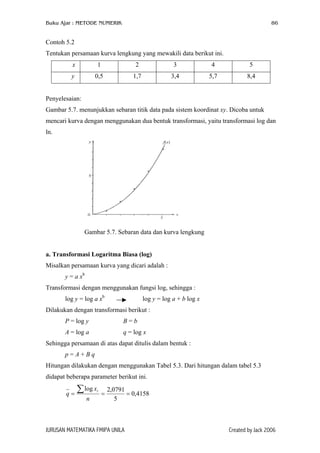 Buku Ajar : METODE NUMERIK 86
Contoh 5.2
Tentukan persamaan kurva lengkung yang mewakili data berikut ini.
x 1 2 3 4 5
y 0,5 1,7 3,4 5,7 8,4
Penyelesaian:
Gambar 5.7. menunjukkan sebaran titik data pada sistem koordinat xy. Dicoba untuk
mencari kurva dengan menggunakan dua bentuk transformasi, yaitu transformasi log dan
ln.
Gambar 5.7. Sebaran data dan kurva lengkung
a. Transformasi Logaritma Biasa (log)
Misalkan persamaan kurva yang dicari adalah :
y = a xb
Transformasi dengan menggunakan fungsi log, sehingga :
log y = log a xb
log y = log a + b log x
Dilakukan dengan transformasi berikut :
P = log y B = b
A = log a q = log x
Sehingga persamaan di atas dapat ditulis dalam bentuk :
p = A + B q
Hitungan dilakukan dengan menggunakan Tabel 5.3. Dari hitungan dalam tabel 5.3
didapat beberapa parameter berikut ini.
4158,0
5
0791,2log
===
∑
n
x
q
i
JURUSAN MATEMATIKA FMIPA UNILA Created by Jack 2006
 
