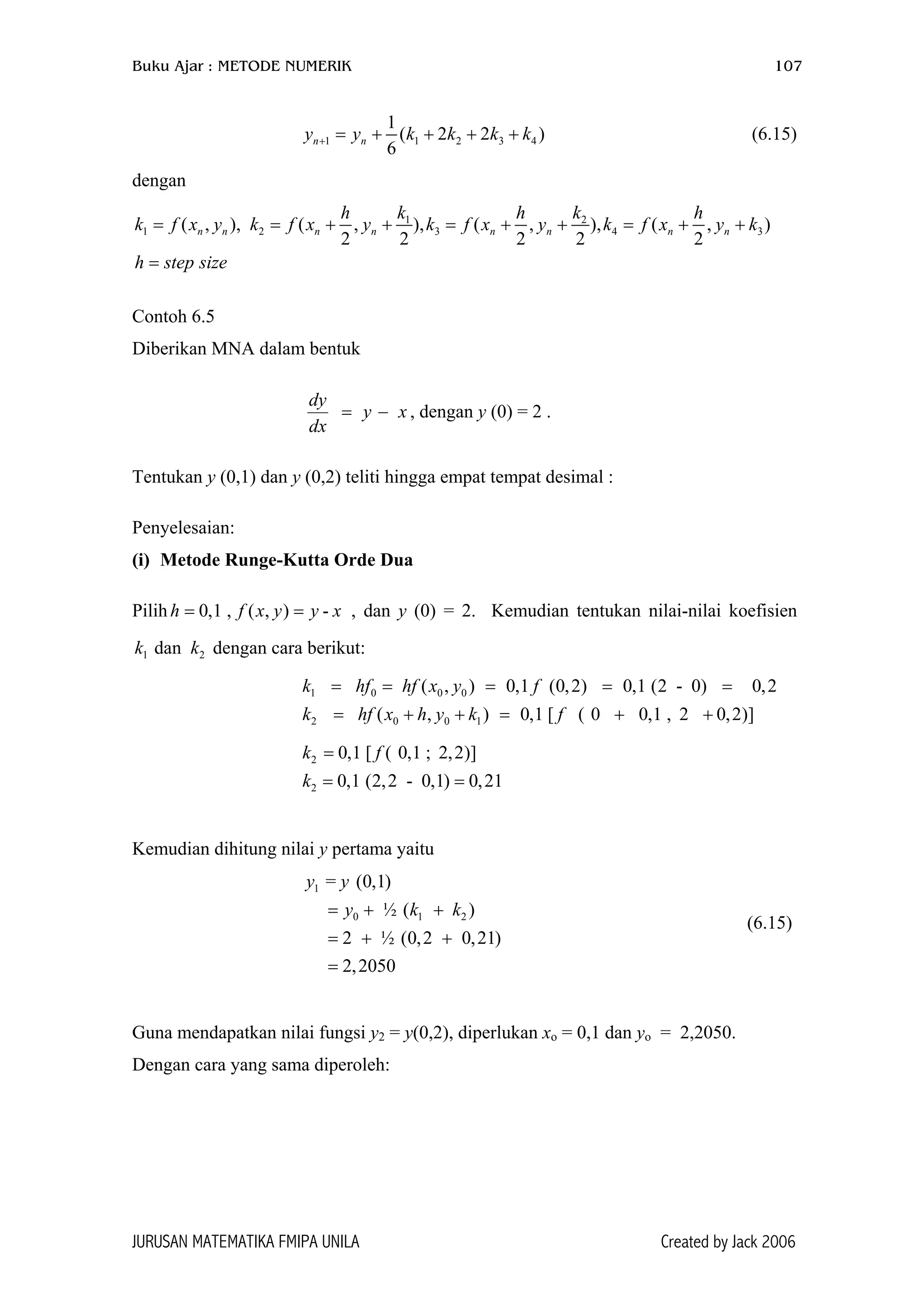 Buku Ajar : METODE NUMERIK 107
1 1 2 3
1
( 2 2
6
n ny y k k k k+ = + + + + 4 ) (6.15)
dengan
1 2
1 2 3 4( , ), ( , ), ( , ), ( , )
2 2 2 2 2
n n n n n n n n
h k h k h
k f x y k f x y k f x y k f x y
h step size
= = + + = + + = + +
=
3k
Contoh 6.5
Diberikan MNA dalam bentuk
xy
dx
dy
−= , dengan y (0) = 2 .
Tentukan y (0,1) dan y (0,2) teliti hingga empat tempat desimal :
Penyelesaian:
(i) Metode Runge-Kutta Orde Dua
Pilih , dan y (0) = 2. Kemudian tentukan nilai-nilai koefisien0,1 , ( , ) -h f x y y= =
1 2n kdak dengan cara berikut:
x
1 0 0 0
2 0 0 1
( , ) 0,1 (0,2) 0,1 (2 - 0) 0,2
( , ) 0,1 [ ( 0 0,1 , 2 0,2)]
k hf hf x y f
k hf x h y k f
= = = = =
= + + = + +
2
2
0,1 [ ( 0,1 ; 2,2)]
0,1 (2,2 - 0,1) 0,21
k f
k
=
= =
Kemudian dihitung nilai y pertama yaitu
(6.15)
1
0 1 2
= (0,1)
½ ( )
2 ½ (0,2 0,21)
2,2050
y y
y k k= + +
= + +
=
Guna mendapatkan nilai fungsi y2 = y(0,2), diperlukan xo = 0,1 dan yo = 2,2050.
Dengan cara yang sama diperoleh:
JURUSAN MATEMATIKA FMIPA UNILA Created by Jack 2006
 
