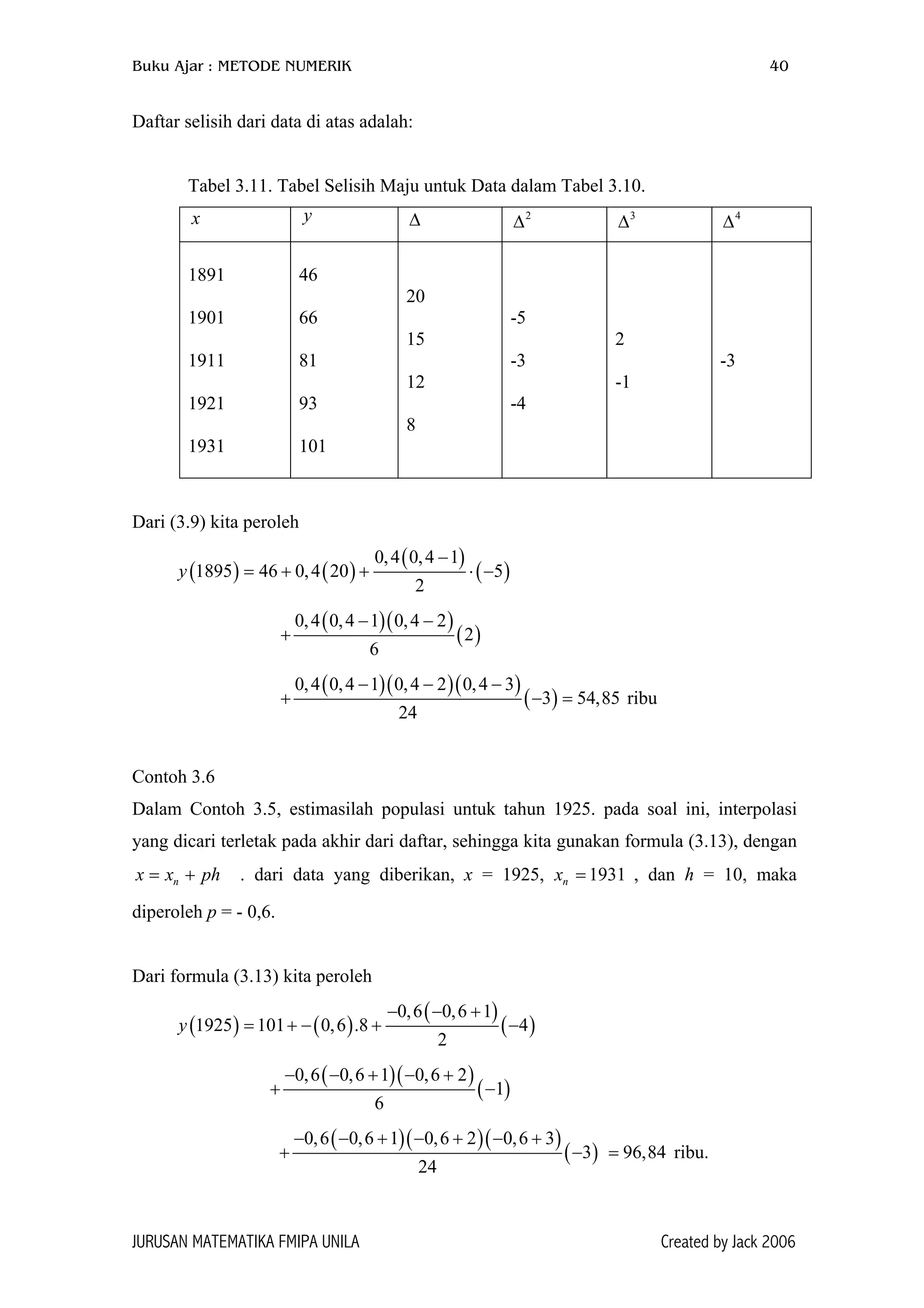 Buku Ajar : METODE NUMERIK 40
Daftar selisih dari data di atas adalah:
Tabel 3.11. Tabel Selisih Maju untuk Data dalam Tabel 3.10.
x y ∆ 2
∆ 3
∆ 4
∆
1891
1901
1911
1921
1931
46
66
81
93
101
20
15
12
8
-5
-3
-4
2
-1
-3
Dari (3.9) kita peroleh
( ) ( )
( )
( )
0,4 0,4 1
1895 46 0,4 20 5
2
y
−
= + + ⋅ −
( )( )
( )
0,4 0,4 1 0,4 2
2
6
− −
+
( )( )( )
( )
0,4 0,4 1 0,4 2 0,4 3
3 54,8
24
− − −
+ − 5= ribu
Contoh 3.6
Dalam Contoh 3.5, estimasilah populasi untuk tahun 1925. pada soal ini, interpolasi
yang dicari terletak pada akhir dari daftar, sehingga kita gunakan formula (3.13), dengan
. dari data yang diberikan, x = 1925, x , dan h = 10, maka
diperoleh p = - 0,6.
nx x ph= + 1931n =
Dari formula (3.13) kita peroleh
( ) ( )
( )
( )
0,6 0,6 1
1925 101 0,6 .8 4
2
y
− − +
= + − + −
( )( )
( )
0,6 0,6 1 0,6 2
1
6
− − + − +
+ −
( )( )( )
( )
0,6 0,6 1 0,6 2 0,6 3
3
24
− − + − + − +
+ − = ribu.96,84
JURUSAN MATEMATIKA FMIPA UNILA Created by Jack 2006
 
