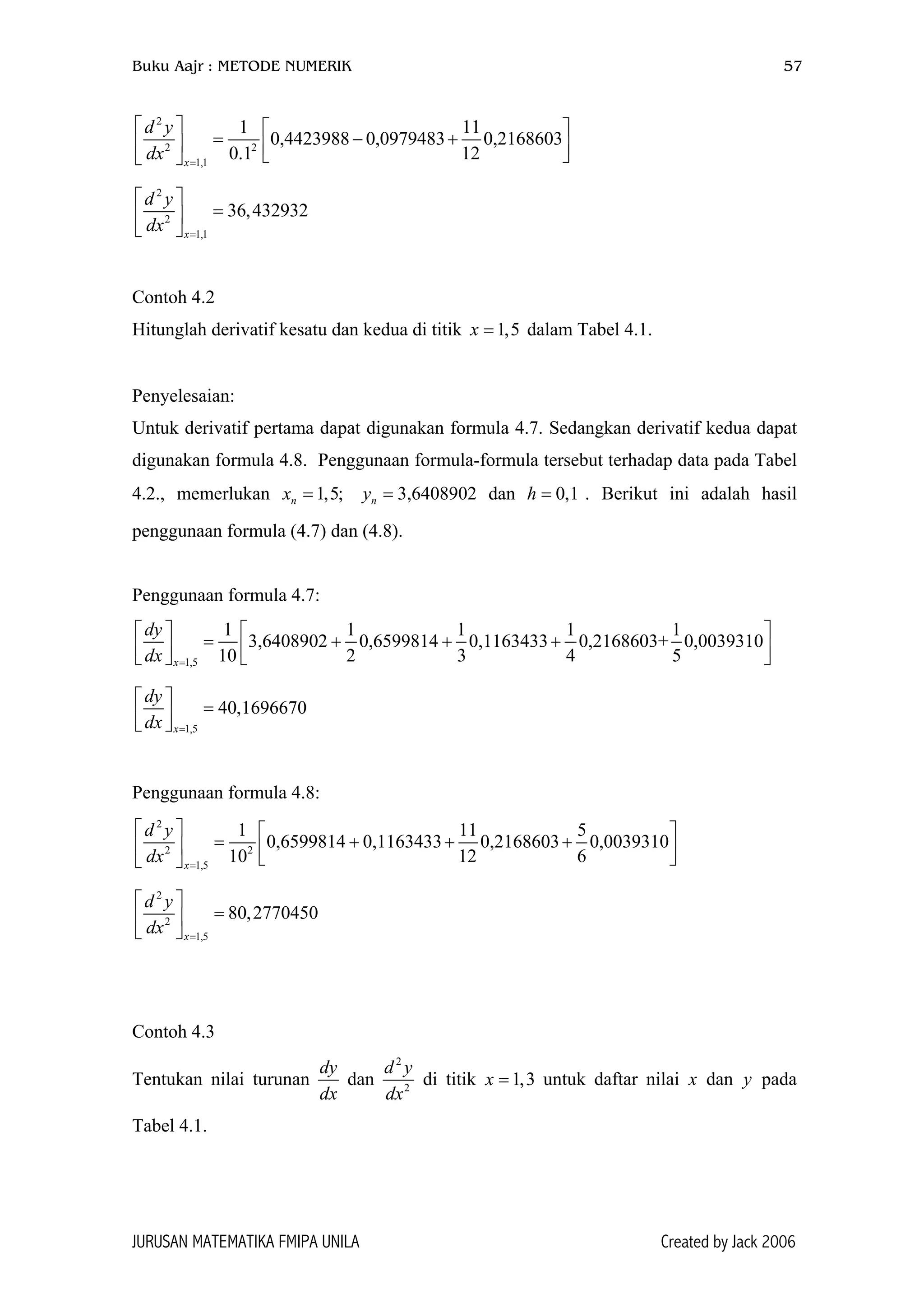Buku Aajr : METODE NUMERIK 57
2
2 2
1,1
1 1
0,4423988 0,0979483 0,2168603
0.1 12x
d y
dx =
   
= − +     
1
2
2
1,1
36,432932
x
d y
dx =
 
= 
 
Contoh 4.2
Hitunglah derivatif kesatu dan kedua di titik dalam Tabel 4.1.1,5x =
Penyelesaian:
Untuk derivatif pertama dapat digunakan formula 4.7. Sedangkan derivatif kedua dapat
digunakan formula 4.8. Penggunaan formula-formula tersebut terhadap data pada Tabel
4.2., memerlukan x y dan . Berikut ini adalah hasil
penggunaan formula (4.7) dan (4.8).
1,5; 3,6408902n n= = 0,1h =
Penggunaan formula 4.7:
1,5
1 1 1 1 1
3,6408902 0,6599814 0,1163433 0,2168603+ 0,0039310
10 2 3 4 5x
dy
dx =
  
= + + +    


1,5
40,1696670
x
dy
dx =
 
=  
Penggunaan formula 4.8:
2
2 2
1,5
1 11
0,6599814 0,1163433 0,2168603 0,0039310
10 12 6x
d y
dx =
   
= + + +     
5
2
2
1,5
80,2770450
x
d y
dx =
 
= 
 
Contoh 4.3
Tentukan nilai turunan
dy
dan
dx
2
2
d y
dx
di titik untuk daftar nilai x dan pada
Tabel 4.1.
1,3x = y
JURUSAN MATEMATIKA FMIPA UNILA Created by Jack 2006
 