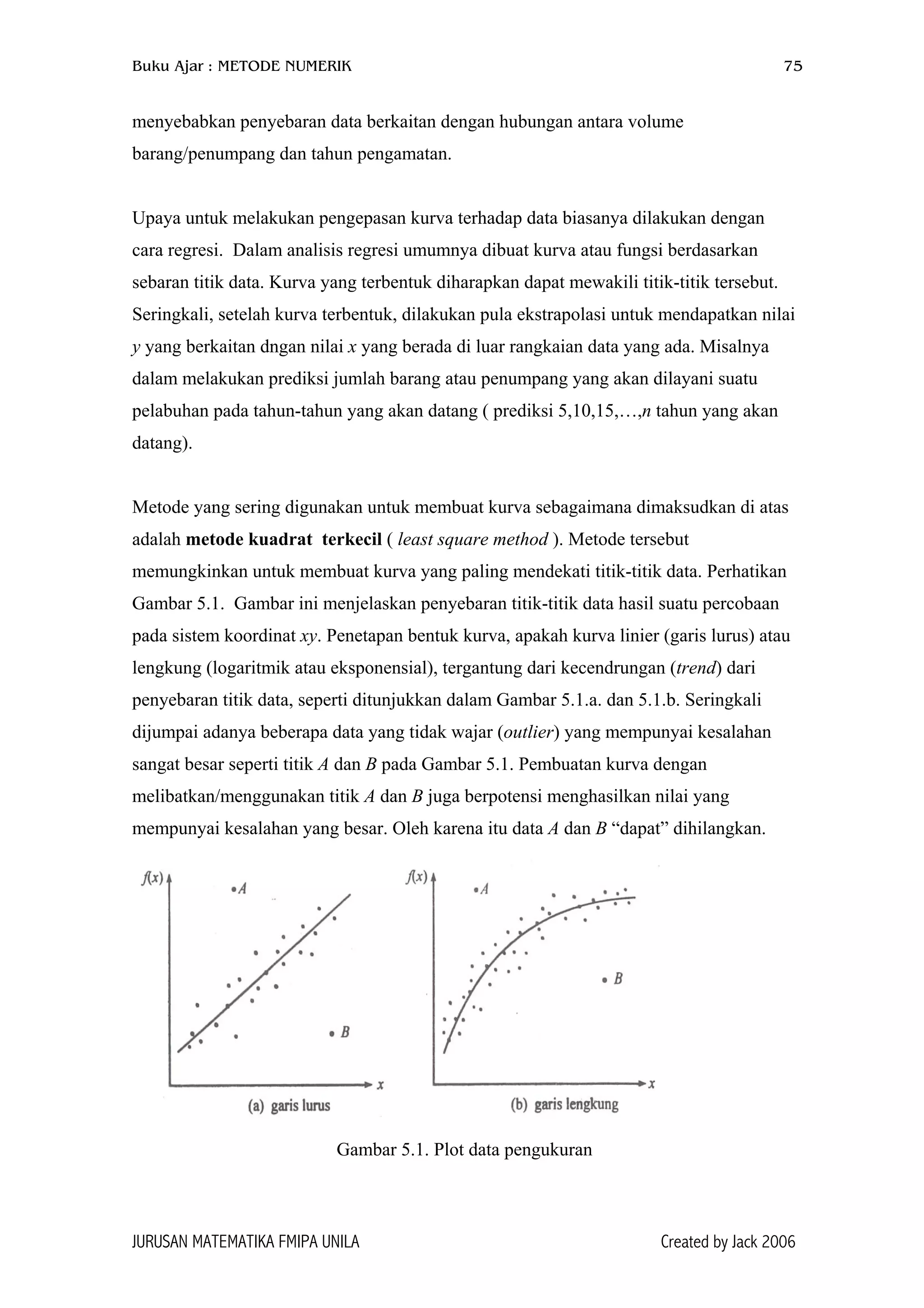Buku Ajar : METODE NUMERIK 75
menyebabkan penyebaran data berkaitan dengan hubungan antara volume
barang/penumpang dan tahun pengamatan.
Upaya untuk melakukan pengepasan kurva terhadap data biasanya dilakukan dengan
cara regresi. Dalam analisis regresi umumnya dibuat kurva atau fungsi berdasarkan
sebaran titik data. Kurva yang terbentuk diharapkan dapat mewakili titik-titik tersebut.
Seringkali, setelah kurva terbentuk, dilakukan pula ekstrapolasi untuk mendapatkan nilai
y yang berkaitan dngan nilai x yang berada di luar rangkaian data yang ada. Misalnya
dalam melakukan prediksi jumlah barang atau penumpang yang akan dilayani suatu
pelabuhan pada tahun-tahun yang akan datang ( prediksi 5,10,15,…,n tahun yang akan
datang).
Metode yang sering digunakan untuk membuat kurva sebagaimana dimaksudkan di atas
adalah metode kuadrat terkecil ( least square method ). Metode tersebut
memungkinkan untuk membuat kurva yang paling mendekati titik-titik data. Perhatikan
Gambar 5.1. Gambar ini menjelaskan penyebaran titik-titik data hasil suatu percobaan
pada sistem koordinat xy. Penetapan bentuk kurva, apakah kurva linier (garis lurus) atau
lengkung (logaritmik atau eksponensial), tergantung dari kecendrungan (trend) dari
penyebaran titik data, seperti ditunjukkan dalam Gambar 5.1.a. dan 5.1.b. Seringkali
dijumpai adanya beberapa data yang tidak wajar (outlier) yang mempunyai kesalahan
sangat besar seperti titik A dan B pada Gambar 5.1. Pembuatan kurva dengan
melibatkan/menggunakan titik A dan B juga berpotensi menghasilkan nilai yang
mempunyai kesalahan yang besar. Oleh karena itu data A dan B “dapat” dihilangkan.
Gambar 5.1. Plot data pengukuran
JURUSAN MATEMATIKA FMIPA UNILA Created by Jack 2006
 