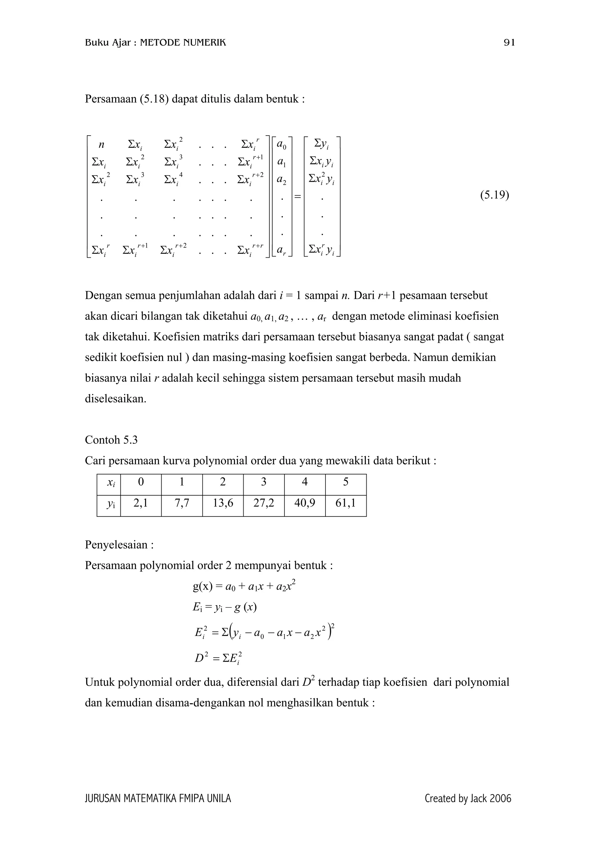Buku Ajar : METODE NUMERIK 91
Persamaan (5.18) dapat ditulis dalam bentuk :






















Σ
Σ
Σ
Σ
=












































ΣΣΣΣ
ΣΣΣΣ
ΣΣΣΣ
ΣΣΣ
+++
+
+
i
r
i
ii
ii
i
r
rr
i
r
i
r
i
r
i
r
iiii
r
iiii
r
iii
yx
yx
yx
y
a
a
a
a
xxxx
xxxx
xxxx
xxxn
.
.
.
.
.
.
...
.......
.......
.......
...
...
...
2
2
1
0
21
2432
132
2
(5.19)
Dengan semua penjumlahan adalah dari i = 1 sampai n. Dari r+1 pesamaan tersebut
akan dicari bilangan tak diketahui a0, a1, a2 , … , ar dengan metode eliminasi koefisien
tak diketahui. Koefisien matriks dari persamaan tersebut biasanya sangat padat ( sangat
sedikit koefisien nul ) dan masing-masing koefisien sangat berbeda. Namun demikian
biasanya nilai r adalah kecil sehingga sistem persamaan tersebut masih mudah
diselesaikan.
Contoh 5.3
Cari persamaan kurva polynomial order dua yang mewakili data berikut :
xi 0 1 2 3 4 5
yi 2,1 7,7 13,6 27,2 40,9 61,1
Penyelesaian :
Persamaan polynomial order 2 mempunyai bentuk :
g(x) = a0 + a1x + a2x2
Ei = yi – g (x)
( )22
210
2
xaxaayE ii −−−Σ=
22
iED Σ=
Untuk polynomial order dua, diferensial dari D2
terhadap tiap koefisien dari polynomial
dan kemudian disama-dengankan nol menghasilkan bentuk :
JURUSAN MATEMATIKA FMIPA UNILA Created by Jack 2006
 