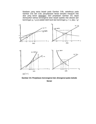 Keadaan yang sama terjadi pada Gambar 3.6b, sebaliknya pada
Gambar 3.6c dan 3.6d, penyelesaian iterasi semakin menjauhi nilai
akar yang benar (divergen). Dari penjelasan Gambar 3.6, dapat
disimpulkan bahwa konvergensi akan terjadi apabila nilai absolut dari
kemiringan y2 = g (x) adalah lebih kecil dari kemiringan y1 = x, atau: ⏐g′

(x)⏐< 1.
Gambar 3.6. Penjelasan konvergensi dan divergensi pada metode
Iterasi

 