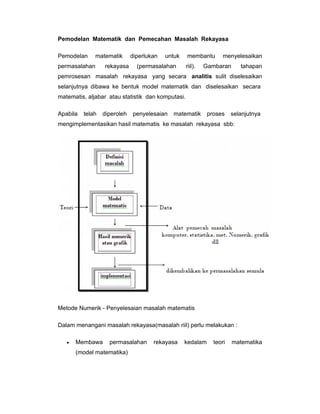 Pemodelan Matematik dan Pemecahan Masalah Rekayasa
Pemodelan

matematik

permasalahan

rekayasa

diperlukan

untuk

membantu

(permasalahan

riil).

menyelesaikan

Gambaran

tahapan

pemrosesan masalah rekayasa yang secara analitis sulit diselesaikan
selanjutnya dibawa ke bentuk model matematik dan diselesaikan secara
matematis, aljabar atau statistik dan komputasi.
Apabila

telah

diperoleh

penyelesaian

matematik

proses

selanjutnya

mengimplementasikan hasil matematis ke masalah rekayasa sbb:

Metode Numerik - Penyelesaian masalah matematis
Dalam menangani masalah rekayasa(masalah riil) perlu melakukan :
•

Membawa

permasalahan

(model matematika)

rekayasa

kedalam

teori

matematika

 