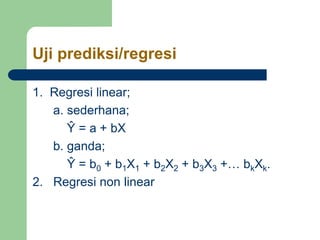 Uji prediksi/regresi
1. Regresi linear;
a. sederhana;
Ŷ = a + bX
b. ganda;
Ŷ = b0 + b1X1 + b2X2 + b3X3 +… bkXk.
2. Regresi non linear
 