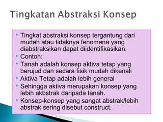  Tingkat abstraksi konsep tergantung dari
mudah atau tidaknya fenomena yang
diabstraksikan dapat diidentifikasikan.
 Contoh:
 Tanah adalah konsep aktiva tetap yang
berujud dan secara fisik mudah dikenali
 Aktiva Tetap adalah lebih general
 Sehingga aktiva merupakan konsep yang
lebih akbstrak daripada tanah.
 Konsep-konsep yang sangat abstrak/lebih
abstrak sering disebut construct.
 