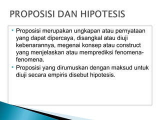  Proposisi merupakan ungkapan atau pernyataan
yang dapat dipercaya, disangkal atau diuji
kebenarannya, megenai konsep atau construct
yang menjelaskan atau memprediksi fenomena-
fenomena.
 Proposisi yang dirumuskan dengan maksud untuk
diuji secara empiris disebut hipotesis.
 