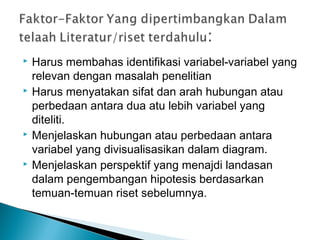  Harus membahas identifikasi variabel-variabel yang
relevan dengan masalah penelitian
 Harus menyatakan sifat dan arah hubungan atau
perbedaan antara dua atu lebih variabel yang
diteliti.
 Menjelaskan hubungan atau perbedaan antara
variabel yang divisualisasikan dalam diagram.
 Menjelaskan perspektif yang menajdi landasan
dalam pengembangan hipotesis berdasarkan
temuan-temuan riset sebelumnya.
 