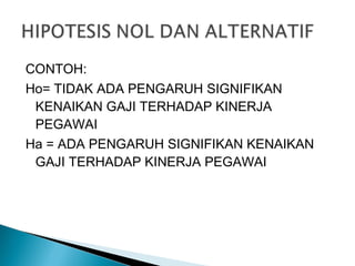 CONTOH:
Ho= TIDAK ADA PENGARUH SIGNIFIKAN
KENAIKAN GAJI TERHADAP KINERJA
PEGAWAI
Ha = ADA PENGARUH SIGNIFIKAN KENAIKAN
GAJI TERHADAP KINERJA PEGAWAI
 