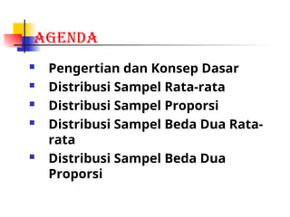 AGENDA
 Pengertian dan Konsep Dasar
 Distribusi Sampel Rata-rata
 Distribusi Sampel Proporsi
 Distribusi Sampel Beda Dua Rata-
rata
 Distribusi Sampel Beda Dua
Proporsi
 