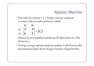 Aljabar Matriks
Dari tabel permainan 2 x 2 dengan strategi campuran
tersebut, maka bentuk matriksnya adalah:
B1 B2
A1
A3
[ ]ijP=





16
52
A3
Dimana Pij menunjukkan jumlah payoff dalam baris ke i dan
kolom ke j.
Strategi-strategi optimal untuk perusahaan A dan B serta nilai
permainannya dapat dicari dengan formula sebagai berikut:
[ ]ij


 16
 