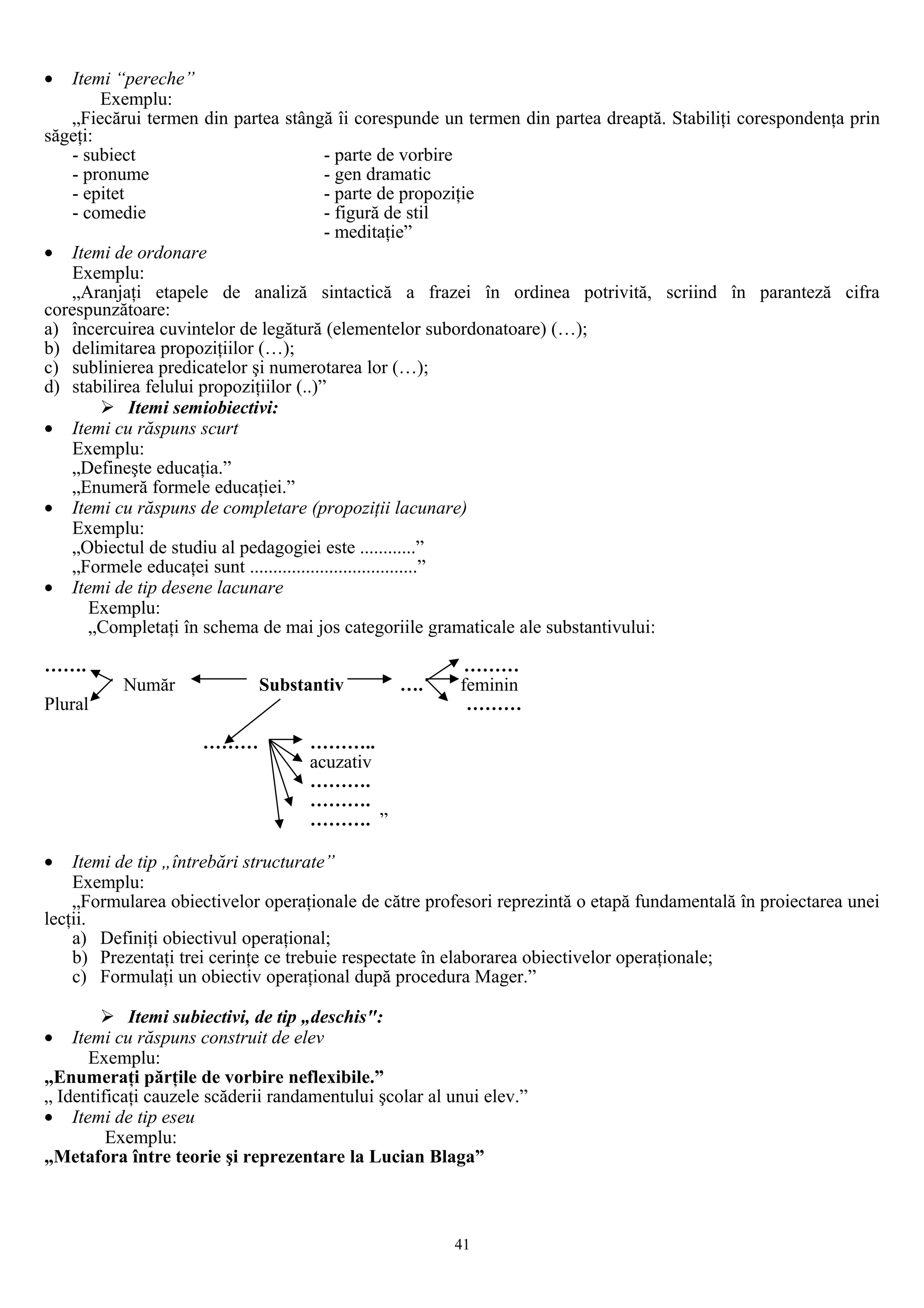 • Itemi “pereche”
Exemplu:
„Fiecărui termen din partea stângă îi corespunde un termen din partea dreaptă. Stabiliţi corespondenţa prin
săgeţi:
- subiect - parte de vorbire
- pronume - gen dramatic
- epitet - parte de propoziţie
- comedie - figură de stil
- meditaţie”
• Itemi de ordonare
Exemplu:
„Aranjaţi etapele de analiză sintactică a frazei în ordinea potrivită, scriind în paranteză cifra
corespunzătoare:
a) încercuirea cuvintelor de legătură (elementelor subordonatoare) (…);
b) delimitarea propoziţiilor (…);
c) sublinierea predicatelor şi numerotarea lor (…);
d) stabilirea felului propoziţiilor (..)”
 Itemi semiobiectivi:
• Itemi cu răspuns scurt
Exemplu:
„Defineşte educaţia.”
„Enumeră formele educaţiei.”
• Itemi cu răspuns de completare (propoziţii lacunare)
Exemplu:
„Obiectul de studiu al pedagogiei este ............”
„Formele educaţei sunt ....................................”
• Itemi de tip desene lacunare
Exemplu:
„Completaţi în schema de mai jos categoriile gramaticale ale substantivului:
……. ………
Număr Substantiv …. feminin
Plural ………
……… ………..
acuzativ
……….
……….
………. ”
• Itemi de tip „întrebări structurate”
Exemplu:
„Formularea obiectivelor operaţionale de către profesori reprezintă o etapă fundamentală în proiectarea unei
lecţii.
a) Definiţi obiectivul operaţional;
b) Prezentaţi trei cerinţe ce trebuie respectate în elaborarea obiectivelor operaţionale;
c) Formulaţi un obiectiv operaţional după procedura Mager.”
 Itemi subiectivi, de tip „deschis":
• Itemi cu răspuns construit de elev
Exemplu:
„Enumeraţi părţile de vorbire neflexibile.”
„ Identificaţi cauzele scăderii randamentului şcolar al unui elev.”
• Itemi de tip eseu
Exemplu:
„Metafora între teorie şi reprezentare la Lucian Blaga”
41
 