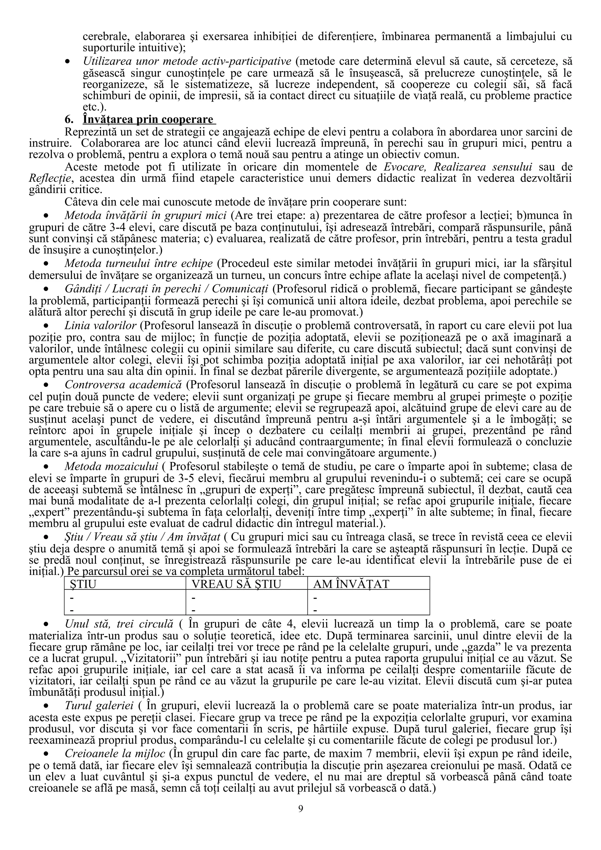cerebrale, elaborarea şi exersarea inhibiţiei de diferenţiere, îmbinarea permanentă a limbajului cu
suporturile intuitive);
• Utilizarea unor metode activ-participative (metode care determină elevul să caute, să cerceteze, să
găsească singur cunoştinţele pe care urmează să le însuşească, să prelucreze cunoştinţele, să le
reorganizeze, să le sistematizeze, să lucreze independent, să coopereze cu colegii săi, să facă
schimburi de opinii, de impresii, să ia contact direct cu situaţiile de viaţă reală, cu probleme practice
etc.).
6. Învăţarea prin cooperare
Reprezintă un set de strategii ce angajează echipe de elevi pentru a colabora în abordarea unor sarcini de
instruire. Colaborarea are loc atunci când elevii lucrează împreună, în perechi sau în grupuri mici, pentru a
rezolva o problemă, pentru a explora o temă nouă sau pentru a atinge un obiectiv comun.
Aceste metode pot fi utilizate în oricare din momentele de Evocare, Realizarea sensului sau de
Reflecţie, acestea din urmă fiind etapele caracteristice unui demers didactic realizat în vederea dezvoltării
gândirii critice.
Câteva din cele mai cunoscute metode de învăţare prin cooperare sunt:
• Metoda învăţării în grupuri mici (Are trei etape: a) prezentarea de către profesor a lecţiei; b)munca în
grupuri de către 3-4 elevi, care discută pe baza conţinutului, îşi adresează întrebări, compară răspunsurile, până
sunt convinşi că stăpânesc materia; c) evaluarea, realizată de către profesor, prin întrebări, pentru a testa gradul
de însuşire a cunoştinţelor.)
• Metoda turneului între echipe (Procedeul este similar metodei învăţării în grupuri mici, iar la sfârşitul
demersului de învăţare se organizează un turneu, un concurs între echipe aflate la acelaşi nivel de competenţă.)
• Gândiţi / Lucraţi în perechi / Comunicaţi (Profesorul ridică o problemă, fiecare participant se gândeşte
la problemă, participanţii formează perechi şi îşi comunică unii altora ideile, dezbat problema, apoi perechile se
alătură altor perechi şi discută în grup ideile pe care le-au promovat.)
• Linia valorilor (Profesorul lansează în discuţie o problemă controversată, în raport cu care elevii pot lua
poziţie pro, contra sau de mijloc; în funcţie de poziţia adoptată, elevii se poziţionează pe o axă imaginară a
valorilor, unde întâlnesc colegii cu opinii similare sau diferite, cu care discută subiectul; dacă sunt convinşi de
argumentele altor colegi, elevii îşi pot schimba poziţia adoptată iniţial pe axa valorilor, iar cei nehotărâţi pot
opta pentru una sau alta din opinii. În final se dezbat părerile divergente, se argumentează poziţiile adoptate.)
• Controversa academică (Profesorul lansează în discuţie o problemă în legătură cu care se pot expima
cel puţin două puncte de vedere; elevii sunt organizaţi pe grupe şi fiecare membru al grupei primeşte o poziţie
pe care trebuie să o apere cu o listă de argumente; elevii se regrupează apoi, alcătuind grupe de elevi care au de
susţinut acelaşi punct de vedere, ei discutând împreună pentru a-şi întări argumentele şi a le îmbogăţi; se
reîntorc apoi în grupele iniţiale şi încep o dezbatere cu ceilalţi membrii ai grupei, prezentând pe rând
argumentele, ascultându-le pe ale celorlalţi şi aducând contraargumente; în final elevii formulează o concluzie
la care s-a ajuns în cadrul grupului, susţinută de cele mai convingătoare argumente.)
• Metoda mozaicului ( Profesorul stabileşte o temă de studiu, pe care o împarte apoi în subteme; clasa de
elevi se împarte în grupuri de 3-5 elevi, fiecărui membru al grupului revenindu-i o subtemă; cei care se ocupă
de aceeaşi subtemă se întâlnesc în „grupuri de experţi”, care pregătesc împreună subiectul, îl dezbat, caută cea
mai bună modalitate de a-l prezenta celorlalţi colegi, din grupul iniţial; se refac apoi grupurile iniţiale, fiecare
„expert” prezentându-şi subtema în faţa celorlalţi, deveniţi între timp „experţi” în alte subteme; în final, fiecare
membru al grupului este evaluat de cadrul didactic din întregul material.).
• Ştiu / Vreau să ştiu / Am învăţat ( Cu grupuri mici sau cu întreaga clasă, se trece în revistă ceea ce elevii
ştiu deja despre o anumită temă şi apoi se formulează întrebări la care se aşteaptă răspunsuri în lecţie. După ce
se predă noul conţinut, se înregistrează răspunsurile pe care le-au identificat elevii la întrebările puse de ei
iniţial.) Pe parcursul orei se va completa următorul tabel:
ŞTIU VREAU SĂ ŞTIU AM ÎNVĂŢAT
-
-
-
-
-
-
• Unul stă, trei circulă ( În grupuri de câte 4, elevii lucrează un timp la o problemă, care se poate
materializa într-un produs sau o soluţie teoretică, idee etc. După terminarea sarcinii, unul dintre elevii de la
fiecare grup rămâne pe loc, iar ceilalţi trei vor trece pe rând pe la celelalte grupuri, unde „gazda” le va prezenta
ce a lucrat grupul. „Vizitatorii” pun întrebări şi iau notiţe pentru a putea raporta grupului iniţial ce au văzut. Se
refac apoi grupurile iniţiale, iar cel care a stat acasă îi va informa pe ceilalţi despre comentariile făcute de
vizitatori, iar ceilalţi spun pe rând ce au văzut la grupurile pe care le-au vizitat. Elevii discută cum şi-ar putea
îmbunătăţi produsul iniţial.)
• Turul galeriei ( În grupuri, elevii lucrează la o problemă care se poate materializa într-un produs, iar
acesta este expus pe pereţii clasei. Fiecare grup va trece pe rând pe la expoziţia celorlalte grupuri, vor examina
produsul, vor discuta şi vor face comentarii în scris, pe hârtiile expuse. După turul galeriei, fiecare grup îşi
reexaminează propriul produs, comparându-l cu celelalte şi cu comentariile făcute de colegi pe produsul lor.)
• Creioanele la mijloc (În grupul din care fac parte, de maxim 7 membrii, elevii îşi expun pe rând ideile,
pe o temă dată, iar fiecare elev îşi semnalează contribuţia la discuţie prin aşezarea creionului pe masă. Odată ce
un elev a luat cuvântul şi şi-a expus punctul de vedere, el nu mai are dreptul să vorbească până când toate
creioanele se află pe masă, semn că toţi ceilalţi au avut prilejul să vorbească o dată.)
9
 