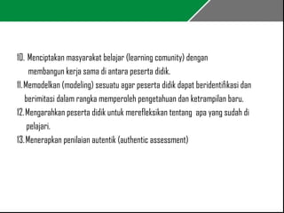 10. Menciptakan masyarakat belajar (learning comunity) dengan 
membangun kerja sama di antara peserta didik. 
11. Memodelkan (modeling) sesuatu agar peserta didik dapat beridentifikasi dan 
berimitasi dalam rangka memperoleh pengetahuan dan ketrampilan baru. 
12. Mengarahkan peserta didik untuk merefleksikan tentang apa yang sudah di 
pelajari. 
13. Menerapkan penilaian autentik (authentic assessment) 
 