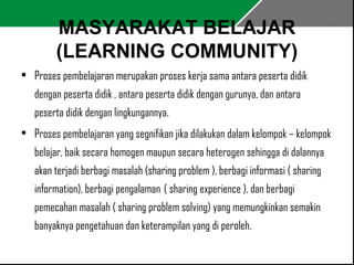 MASYARAKAT BELAJAR 
(LEARNING COMMUNITY) 
• Proses pembelajaran merupakan proses kerja sama antara peserta didik 
dengan peserta didik , antara peserta didik dengan gurunya, dan antara 
peserta didik dengan lingkungannya. 
• Proses pembelajaran yang segnifikan jika dilakukan dalam kelompok – kelompok 
belajar, baik secara homogen maupun secara heterogen sehingga di dalannya 
akan terjadi berbagi masalah (sharing problem ), berbagi informasi ( sharing 
information), berbagi pengalaman ( sharing experience ), dan berbagi 
pemecahan masalah ( sharing problem solving) yang memungkinkan semakin 
banyaknya pengetahuan dan keterampilan yang di peroleh. 
 