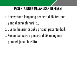PESERTA DIDIK MELAKUKAN REFLEKSI 
a. Pernyataan langsung peserta didik tentang 
yang diperoleh hari itu; 
b. Jurnal belajar di buku pribadi peserta didik; 
c. Kesan dan saran peserta didik mengenai 
pembelajaran hari itu. 
 