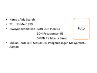 • Nama : Aida Syarah
• TTL : 13 Mei 1999
• Riwayat pendidikan : SDN Duri Pulo 03
SDN Pegadungan 09
SMPN 45 Jakarta Barat
• Impian Terdekat : Masuk UIN Pengembangan Masyarakat..
Aamiin
Foto
 
