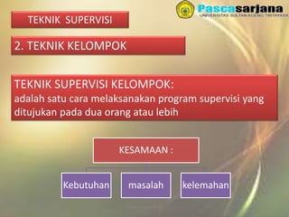 3/27/2016 Sukses Tanpa Noda
TEKNIK SUPERVISI
2. TEKNIK KELOMPOK
TEKNIK SUPERVISI KELOMPOK:
adalah satu cara melaksanakan program supervisi yang
ditujukan pada dua orang atau lebih
KESAMAAN :
Kebutuhan masalah kelemahan
 
