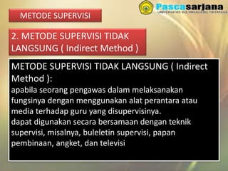 3/27/2016 Sukses Tanpa Noda
METODE SUPERVISI
2. METODE SUPERVISI TIDAK
LANGSUNG ( Indirect Method )
METODE SUPERVISI TIDAK LANGSUNG ( Indirect
Method ):
apabila seorang pengawas dalam melaksanakan
fungsinya dengan menggunakan alat perantara atau
media terhadap guru yang disupervisinya.
dapat digunakan secara bersamaan dengan teknik
supervisi, misalnya, buleletin supervisi, papan
pembinaan, angket, dan televisi
 