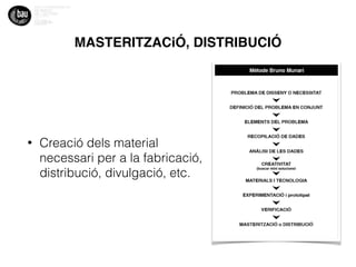 MASTERITZACiÓ, DISTRIBUCIÓ
• Creació dels material
necessari per a la fabricació,
distribució, divulgació, etc.
 