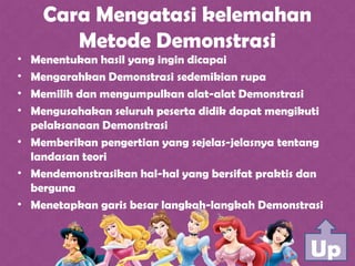 Cara Mengatasi kelemahan
Metode Demonstrasi
• Menentukan hasil yang ingin dicapai
• Mengarahkan Demonstrasi sedemikian rupa
• Memilih dan mengumpulkan alat-alat Demonstrasi
• Mengusahakan seluruh peserta didik dapat mengikuti
pelaksanaan Demonstrasi
• Memberikan pengertian yang sejelas-jelasnya tentang
landasan teori
• Mendemonstrasikan hal-hal yang bersifat praktis dan
berguna
• Menetapkan garis besar langkah-langkah Demonstrasi
Up
 