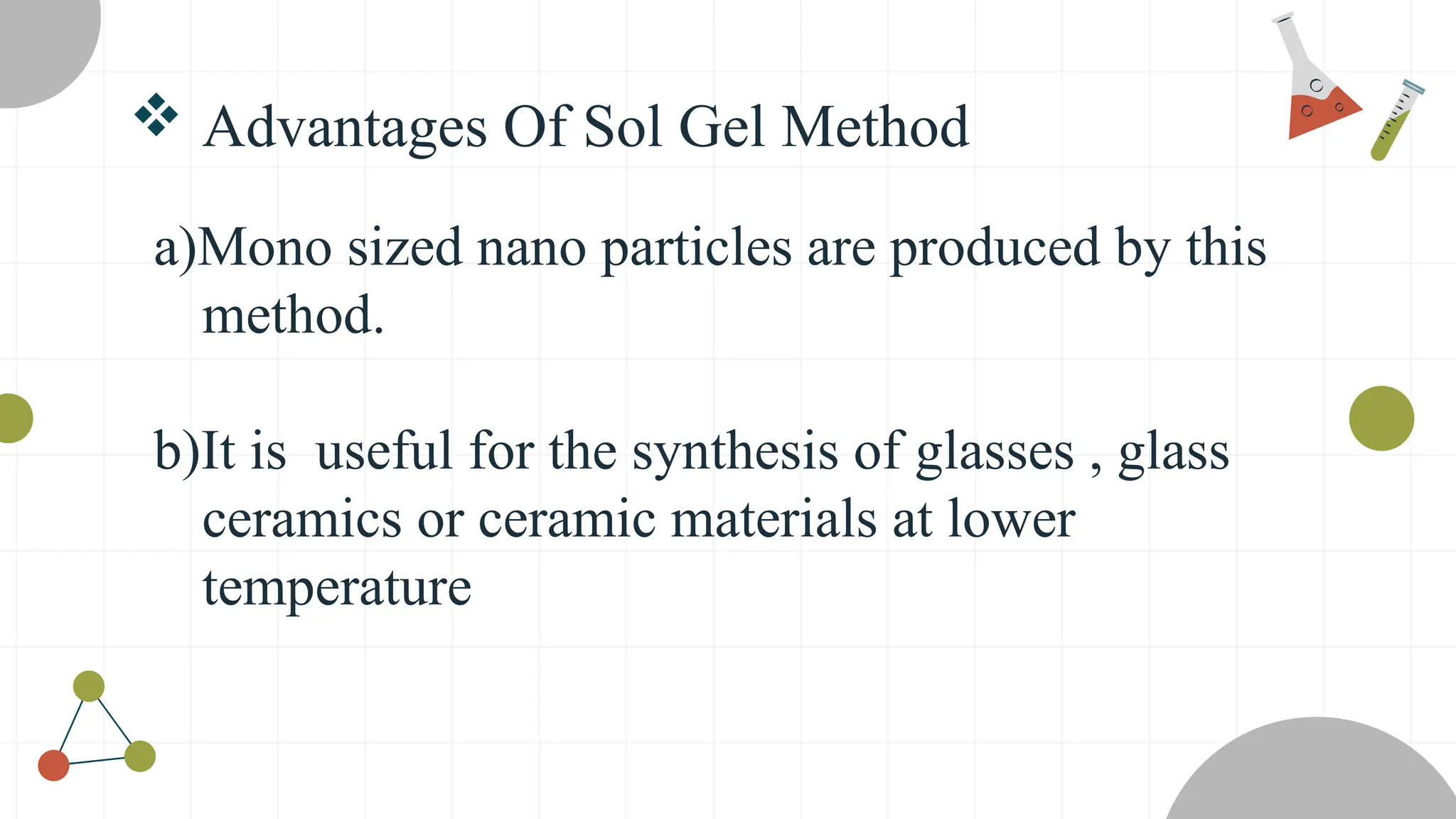  Advantages Of Sol Gel Method
a)Mono sized nano particles are produced by this
method.
b)It is useful for the synthesis of glasses , glass
ceramics or ceramic materials at lower
temperature
 