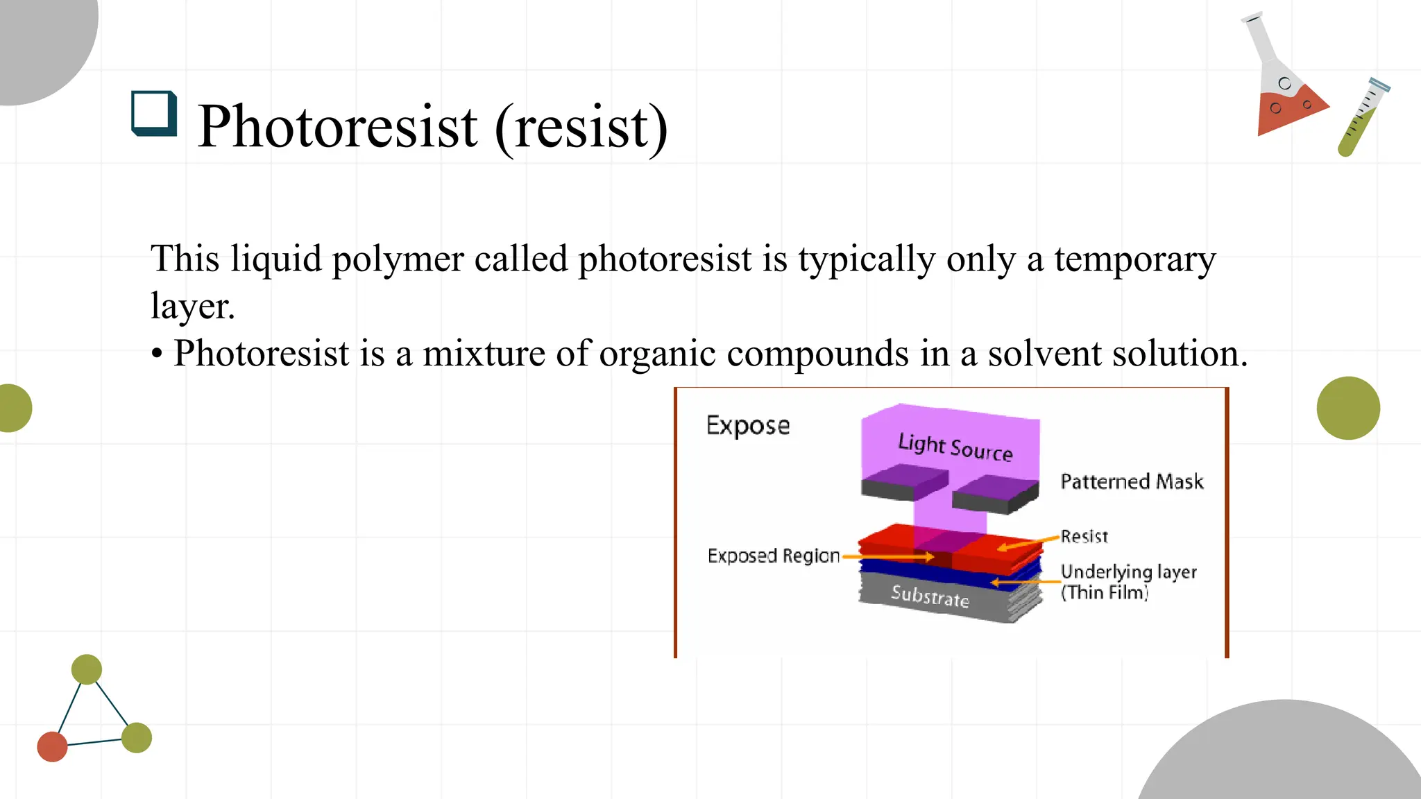  Photoresist (resist)
This liquid polymer called photoresist is typically only a temporary
layer.
• Photoresist is a mixture of organic compounds in a solvent solution.
 