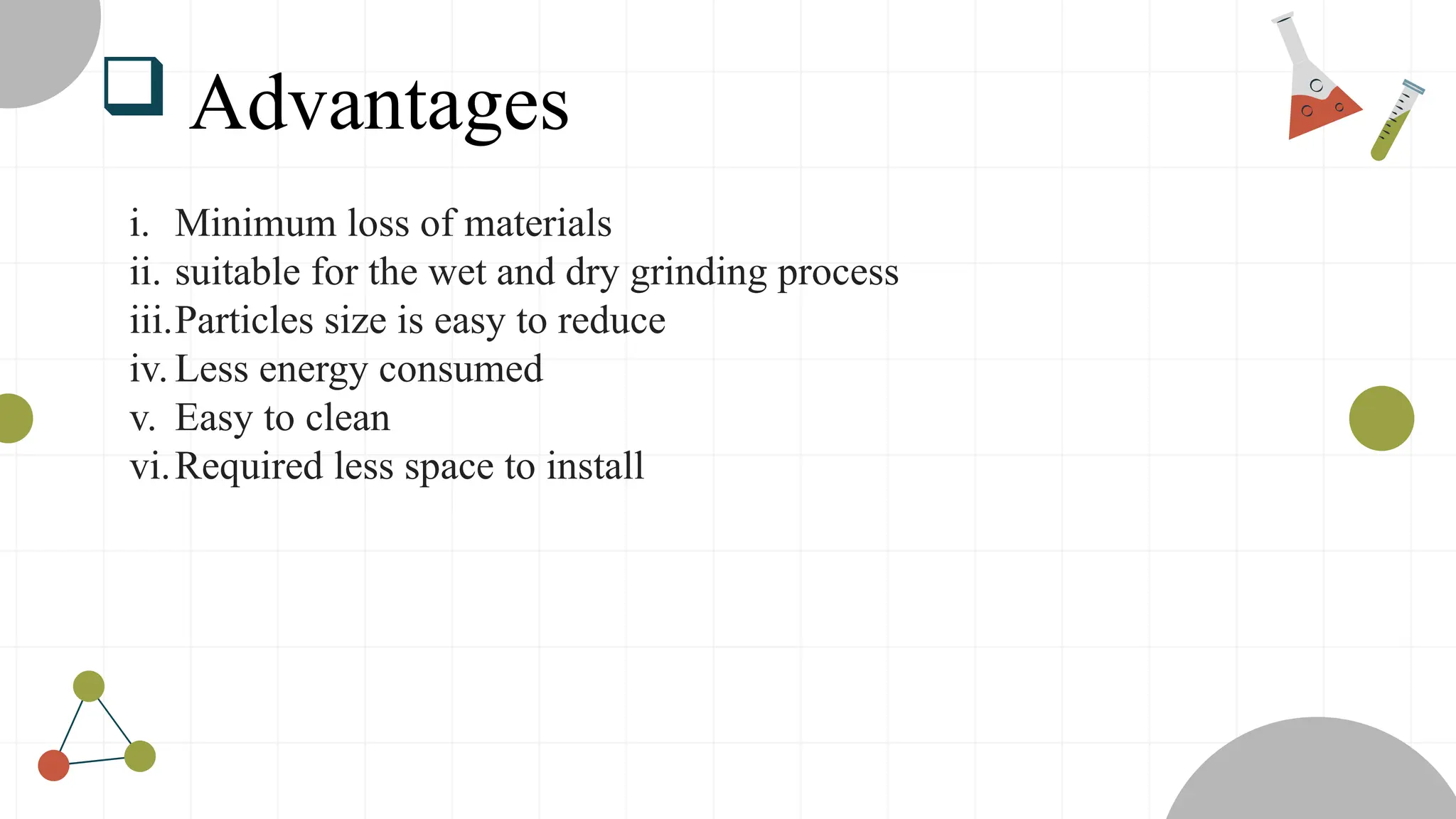  Advantages
i. Minimum loss of materials
ii. suitable for the wet and dry grinding process
iii.Particles size is easy to reduce
iv. Less energy consumed
v. Easy to clean
vi.Required less space to install
 