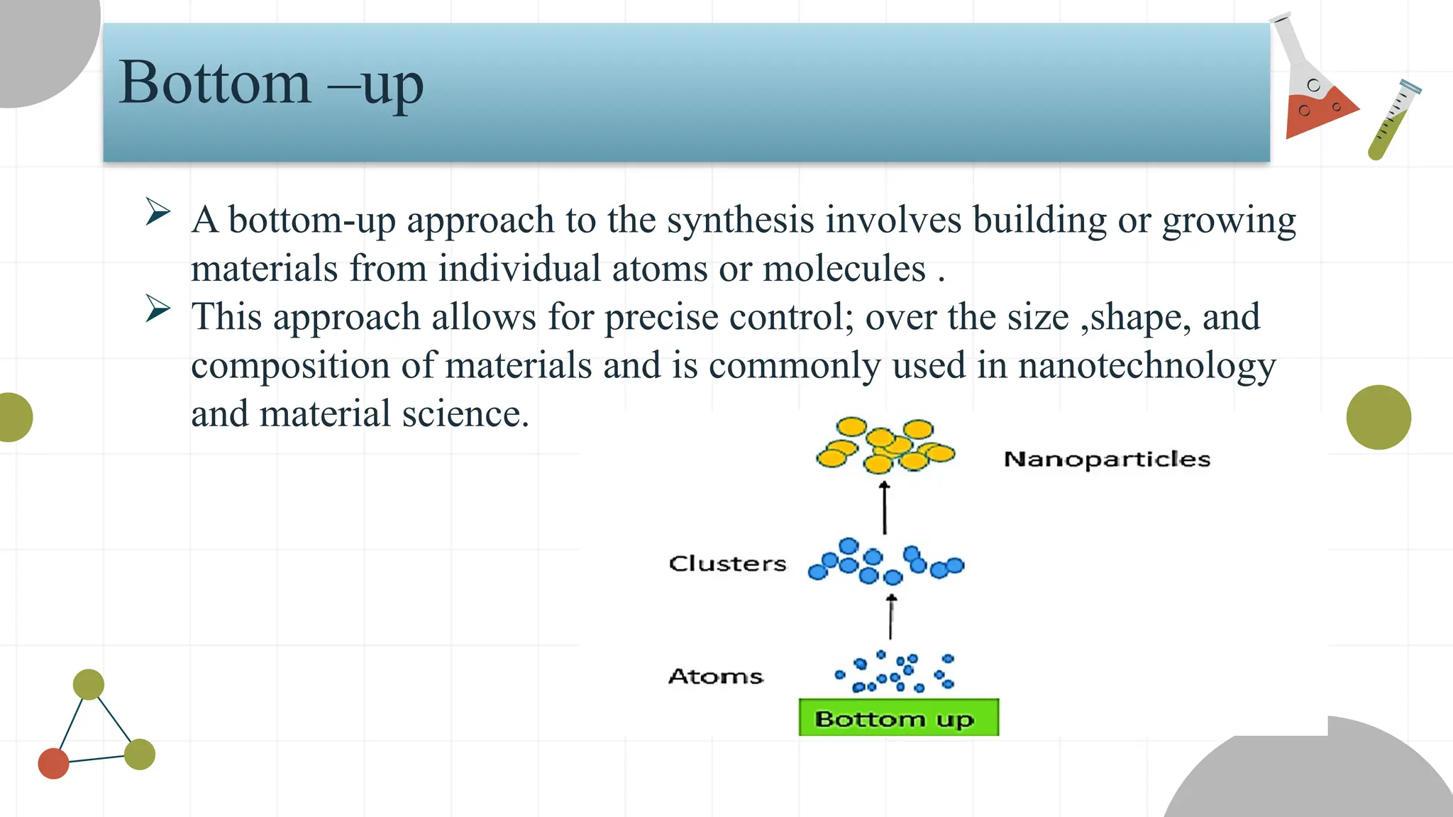 Bottom –up
 A bottom-up approach to the synthesis involves building or growing
materials from individual atoms or molecules .
 This approach allows for precise control; over the size ,shape, and
composition of materials and is commonly used in nanotechnology
and material science.
 