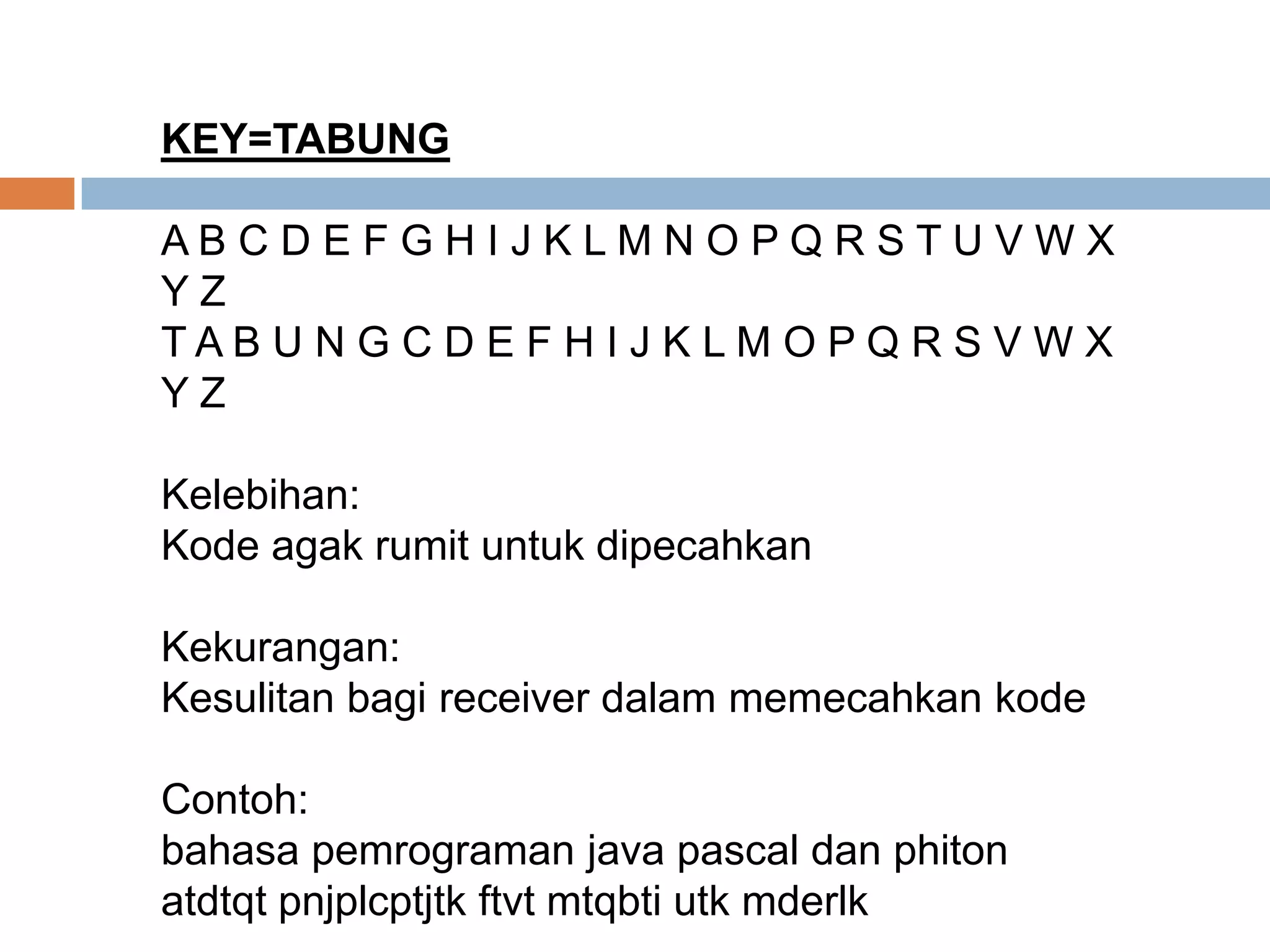 KEY=TABUNG
A B C D E F G H I J K L M N O P Q R S T U V W X
Y Z
T A B U N G C D E F H I J K L M O P Q R S V W X
Y Z
Kelebihan:
Kode agak rumit untuk dipecahkan
Kekurangan:
Kesulitan bagi receiver dalam memecahkan kode
Contoh:
bahasa pemrograman java pascal dan phiton
atdtqt pnjplcptjtk ftvt mtqbti utk mderlk
 